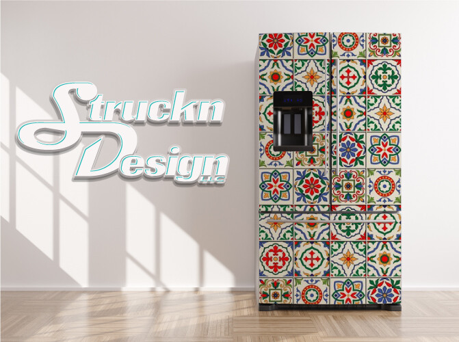 Colorful Traditional Ornate Tiles Fridge Freezer Wrap Side Door Vinyl Decal