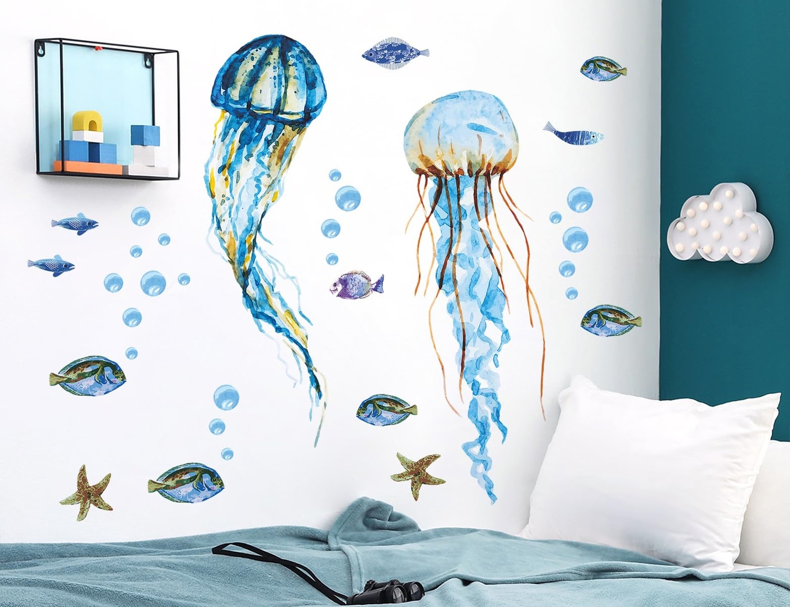 Creative Watercolor Blue Jellyfish Wall Decals Under The Sea Fish Animals Wal…