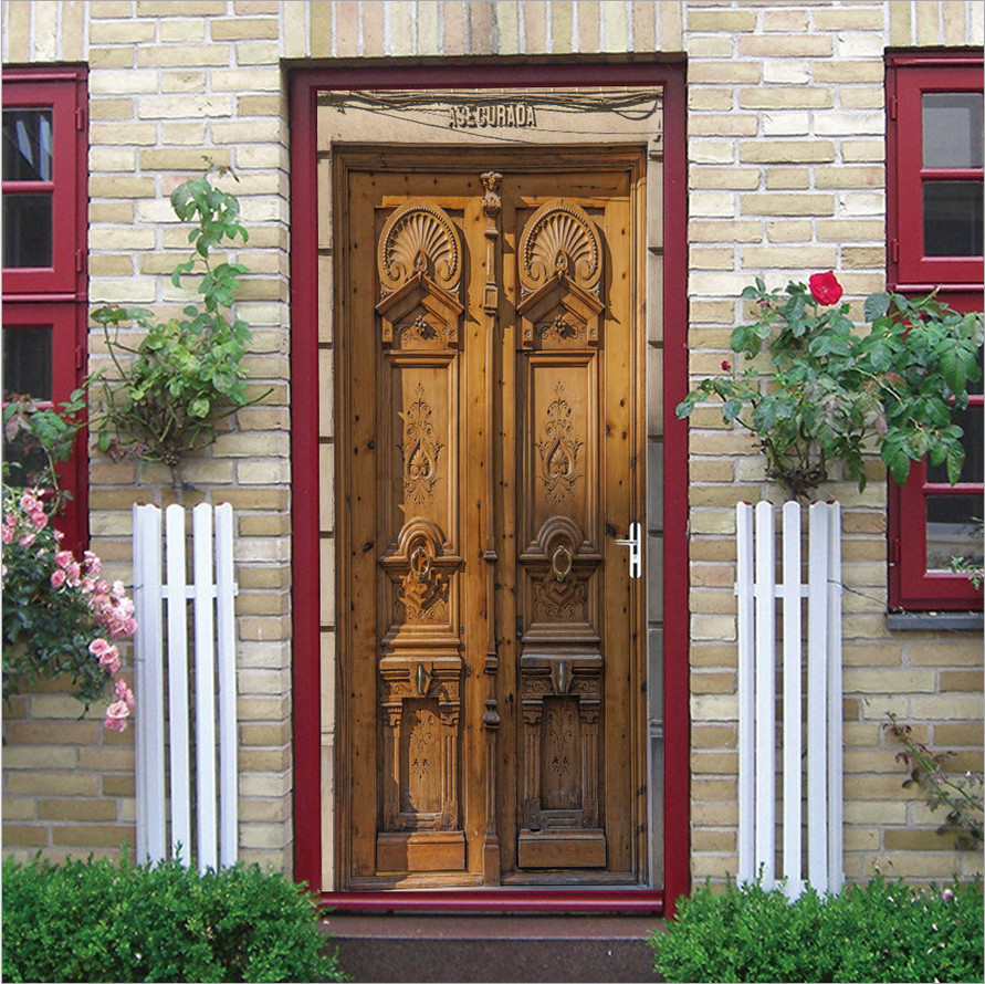 PVC Rustic Retro Wood Door Art Wall Decals Mural 3D Door Sticker Home Room Decor