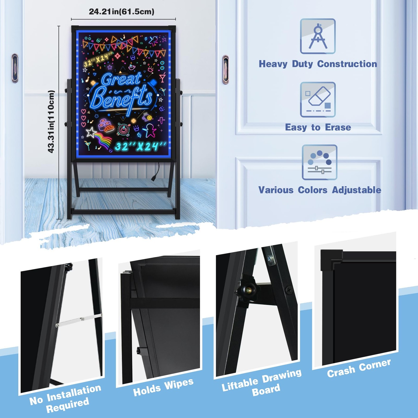 Hosim Standing A-Frame LED Message Writing Board 20"W x 28"H, Colorful 28×20"