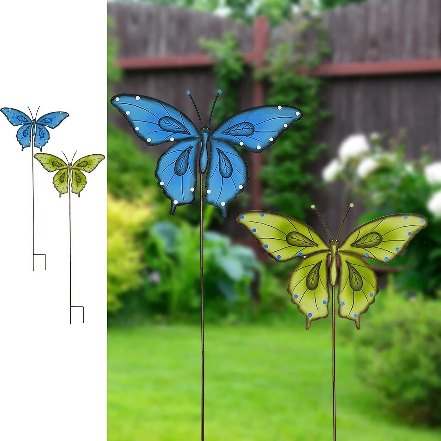 Metal Garden Stake Spring Yard Sign Decorative Plant Stake(Blue+Green Butterfly)