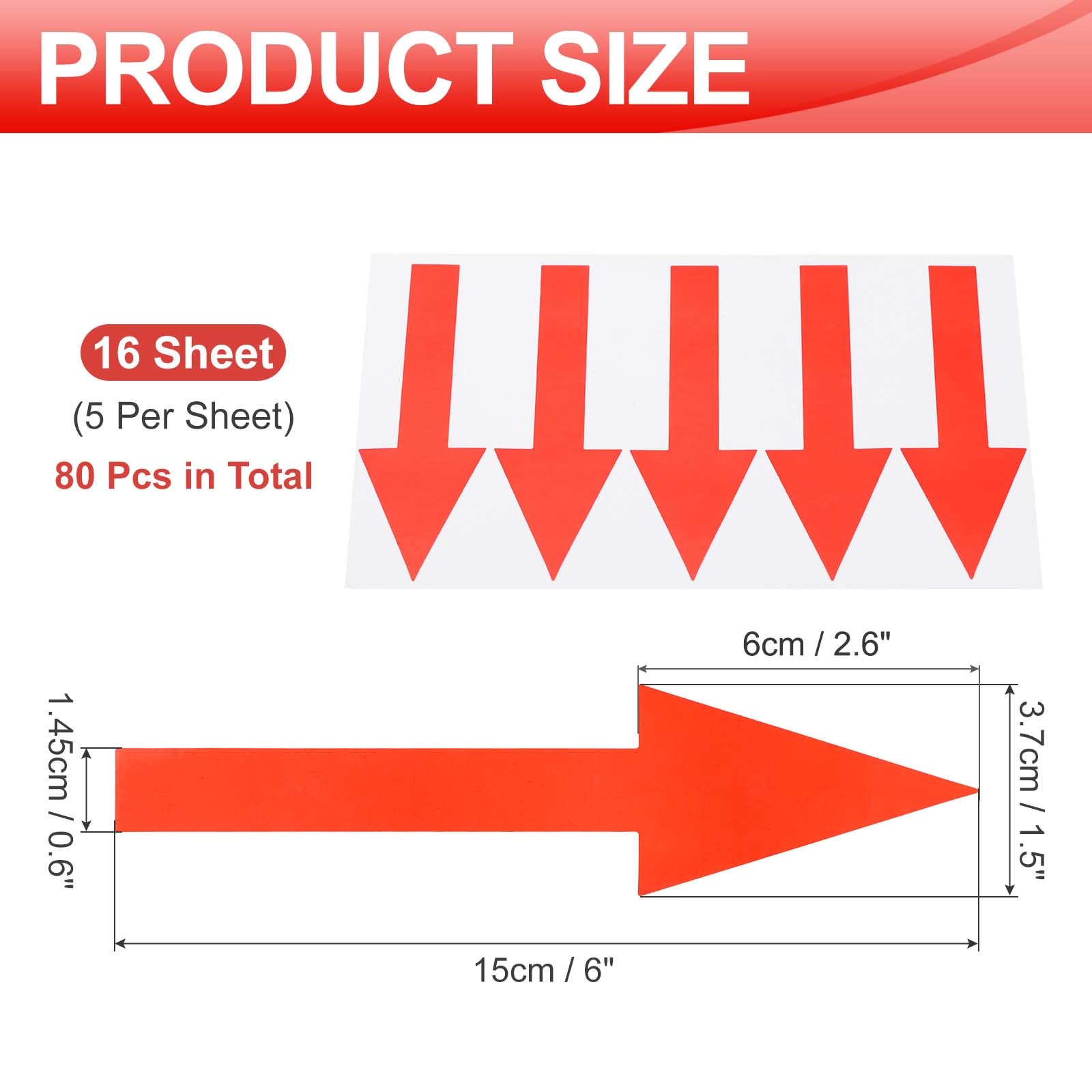 Arrow Sticker, (6×1.5 Inch, Red) (80 Pcs), Waterproof Arrow Sign Sticker