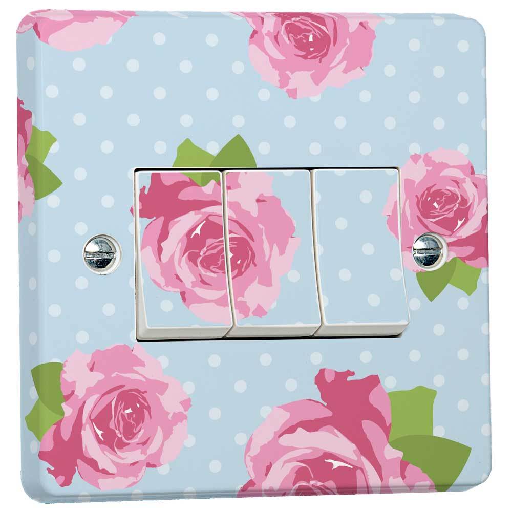 Blue Shabby Chic Pink Roses Light Switch Sticker for Crabtree Triple 3-way