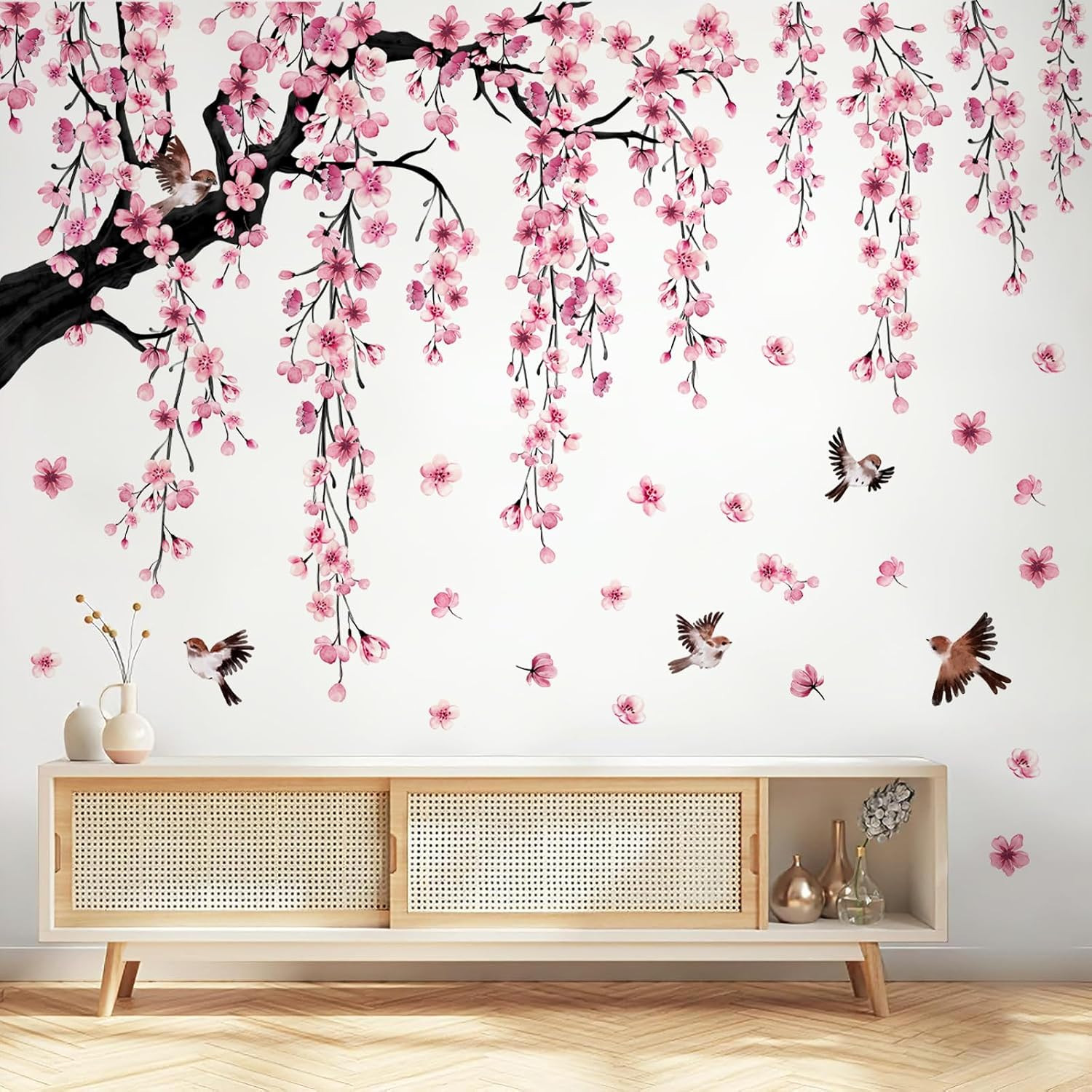 Large Pink Cherry Blossom Branch Wall Stickers – Floral Bird Decals