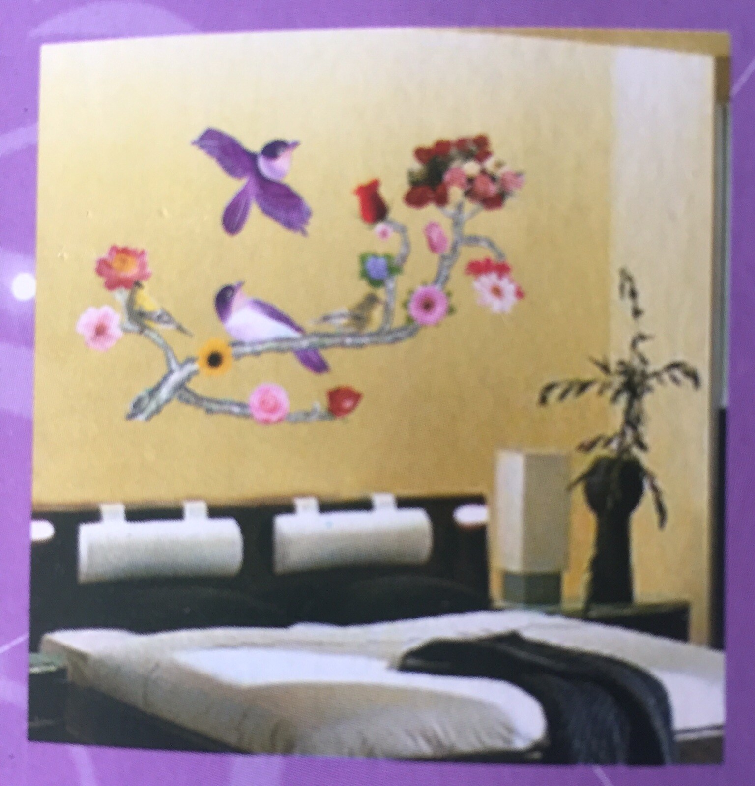 Brid/Flower Print Art Wall Sticker DIY Paper Decoration(Purple/Red/Yellow/Green