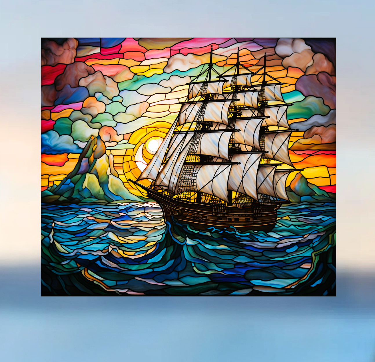 Sailing Ship at Sunset Faux Stained-Glass WINDOW CLING Size 9.1" Vinyl