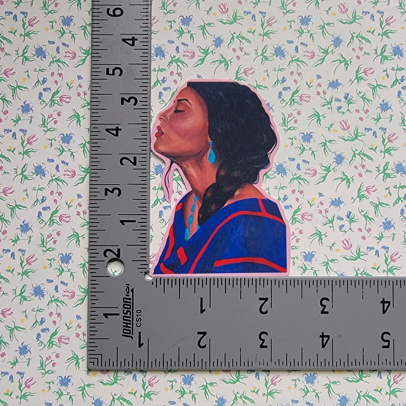Mexican Woman Braided Hair Sticker of Original Painting Glossy Vinyl, Urban Art