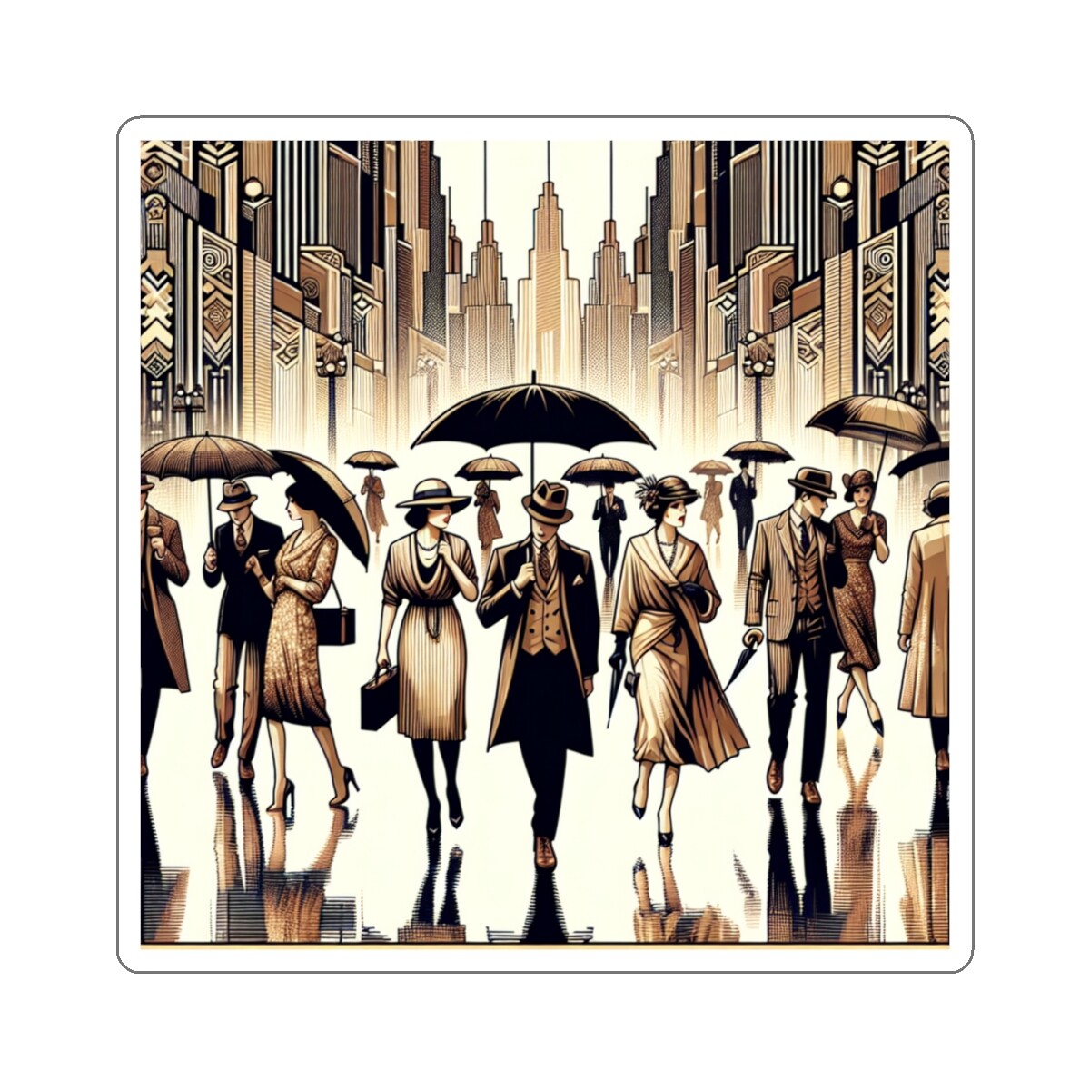 Sticker Art Deco Rainy Day Urban City Vintage Style Umbrella 2×2" 3×3" 4×4" 6×6"