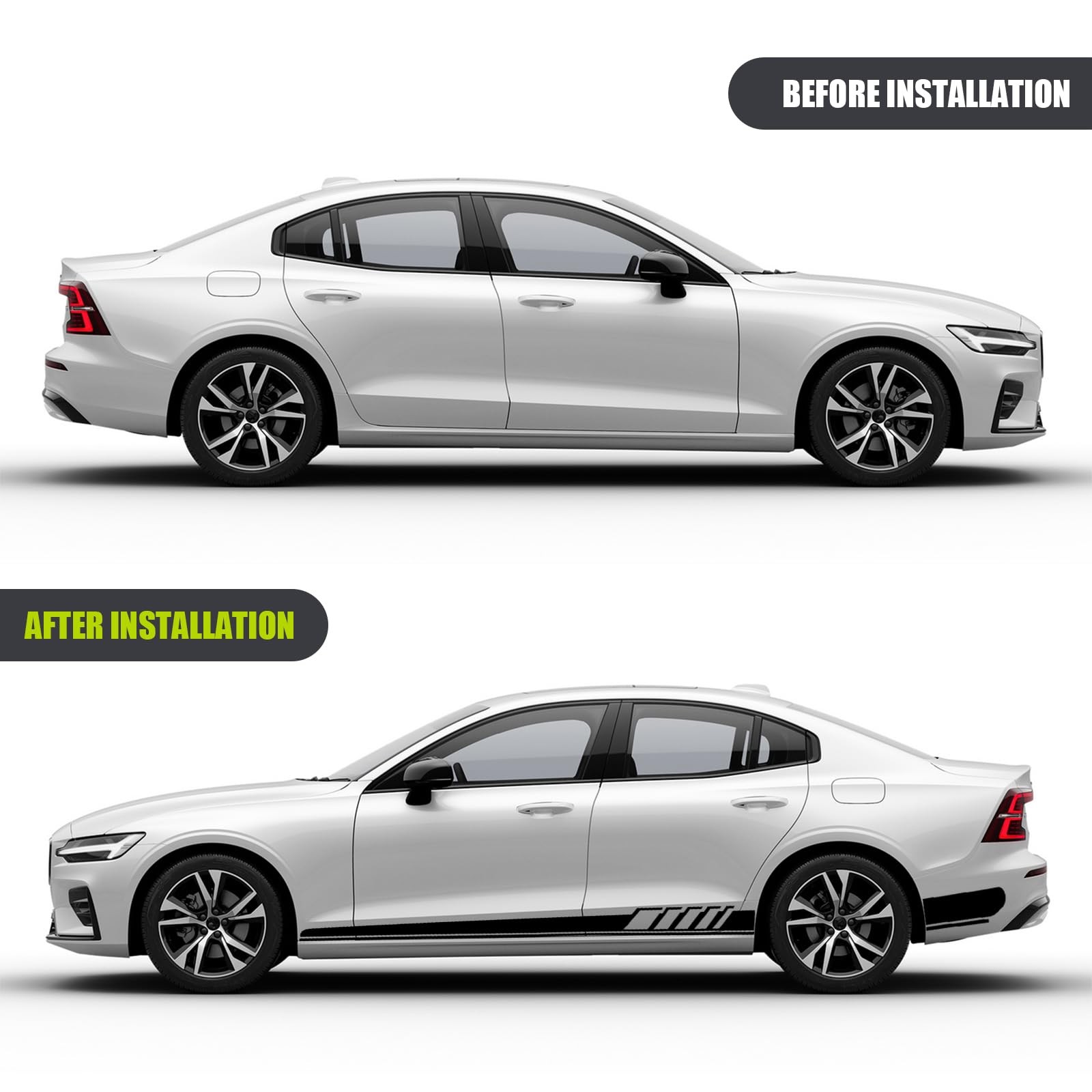 2Pcs Black Car Side Skirt Decals 88.58" Long Stripe Stickers Universal