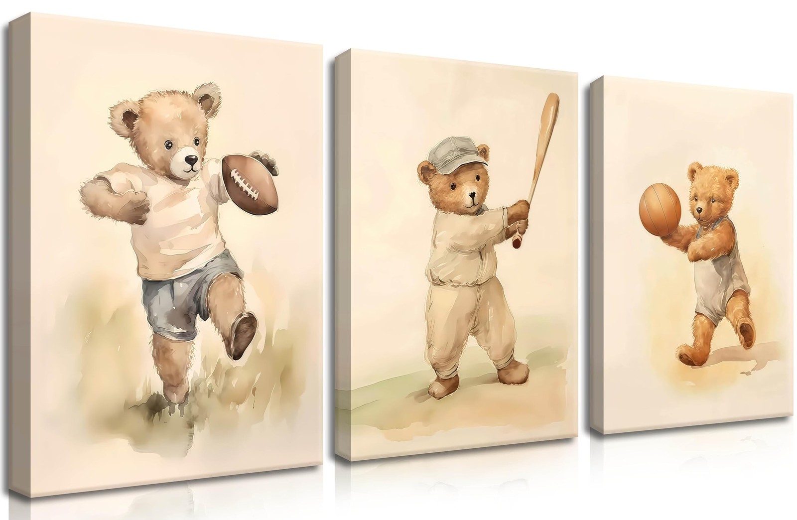Bear Rugby Sports Nursery Canvas Wall Art Set of 3 – Cute Vintage Baby Bear P…