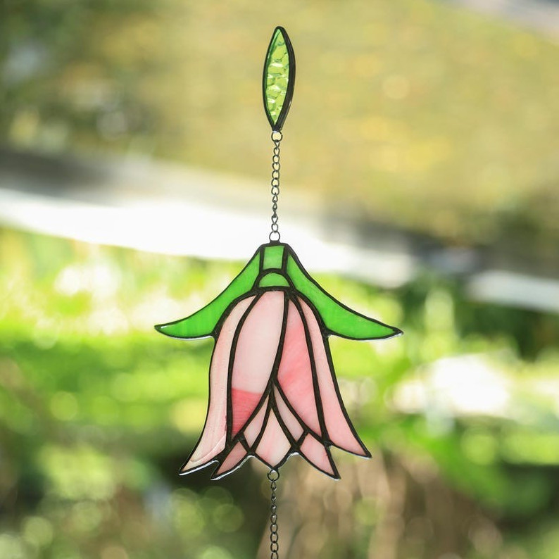 Unmarked Stained Glass Pink & Green Flower Suncatcher, Ready To Hang