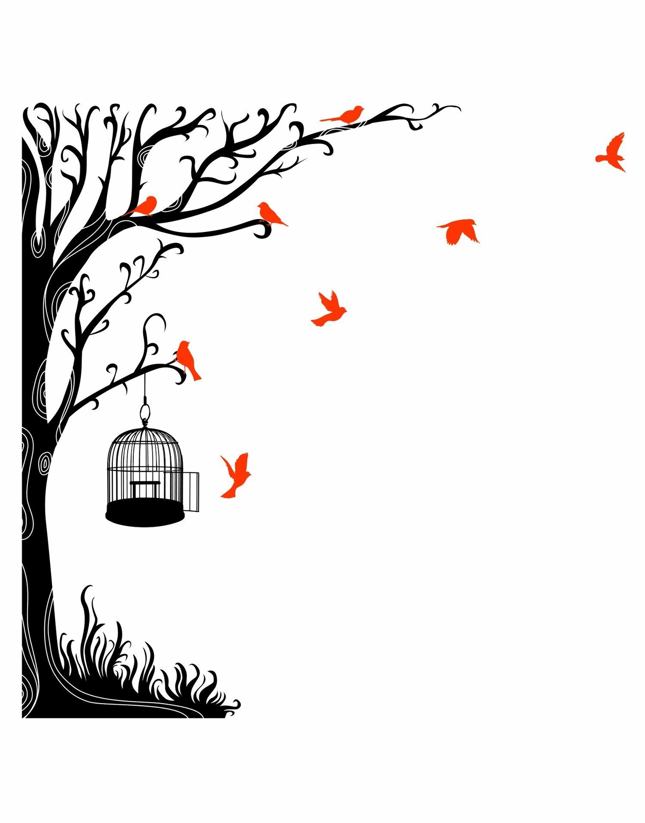 Swirly Tree with Bird Cage Wall Decal Sticker. #6148
