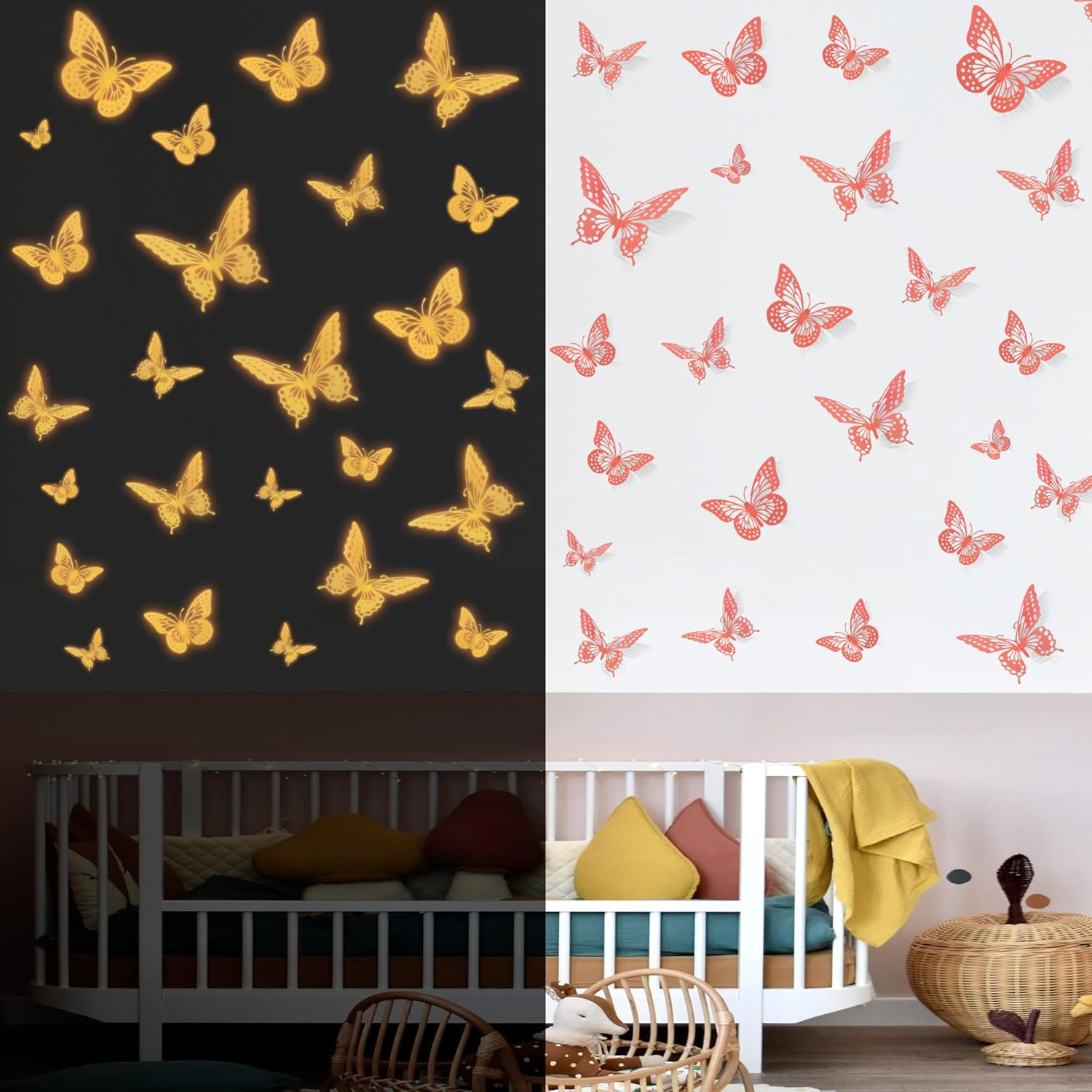 Glow in The Dark 3D Butterfly 24 Pcs 3 Sizes, Luminous Butterfly Stickers for Ce