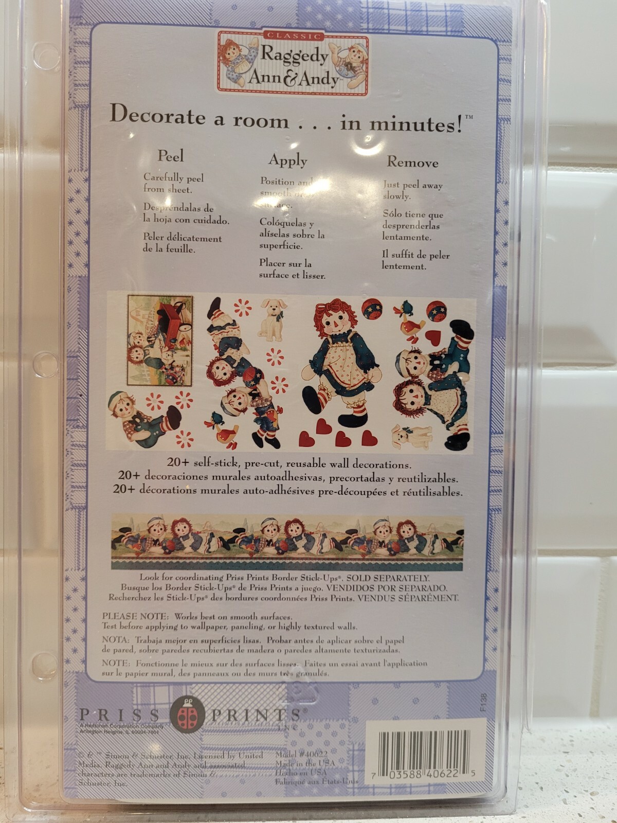 'RAGGEDY ANN & ANDY' WALLPAPER 'STICK-UPS' WALLPAPER STICKERS, BRAND NEW IN PKT