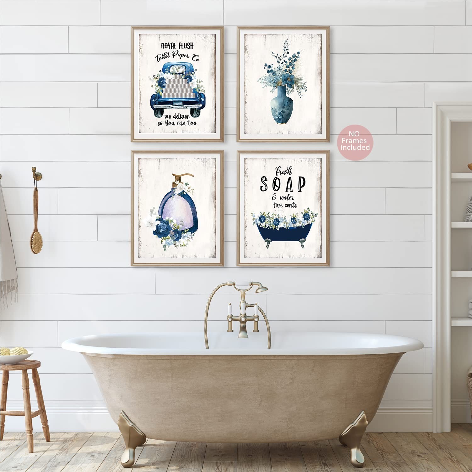 Funny Wall Art Poster, Blue Bathroom Decor, Navy Flowers Pictures, Rustic Vin…