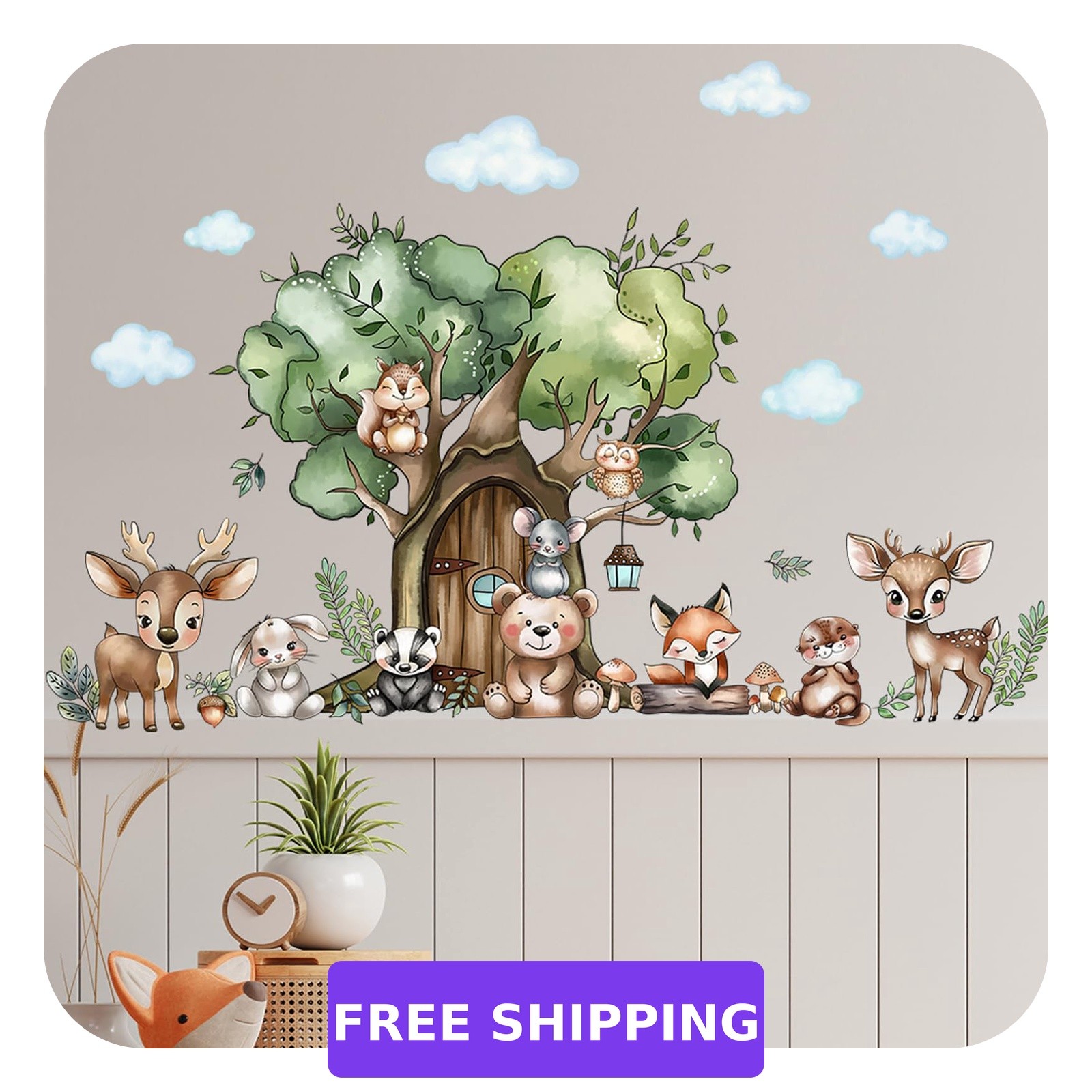 BOAMAU Tree House Animals Jungle Wall Stickers Nursery Decor