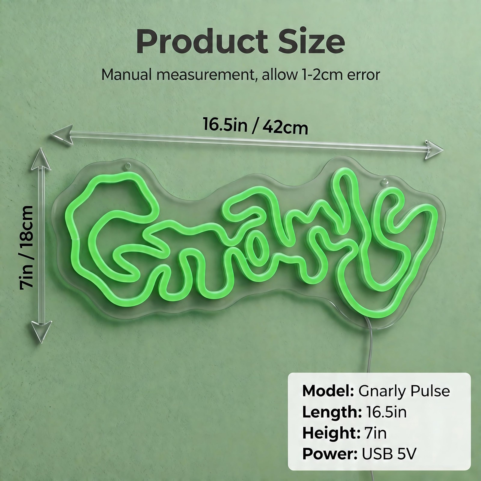 Gnarly Neon Sign, Green LED Wall Art, 16.5×7 Inch, USB Powered, Graffiti Font…