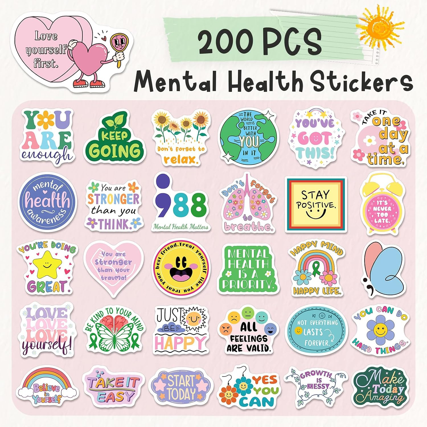 200PCS Mental Health Stickers for Kids Adults | Waterproof Vinyl, Mental Health