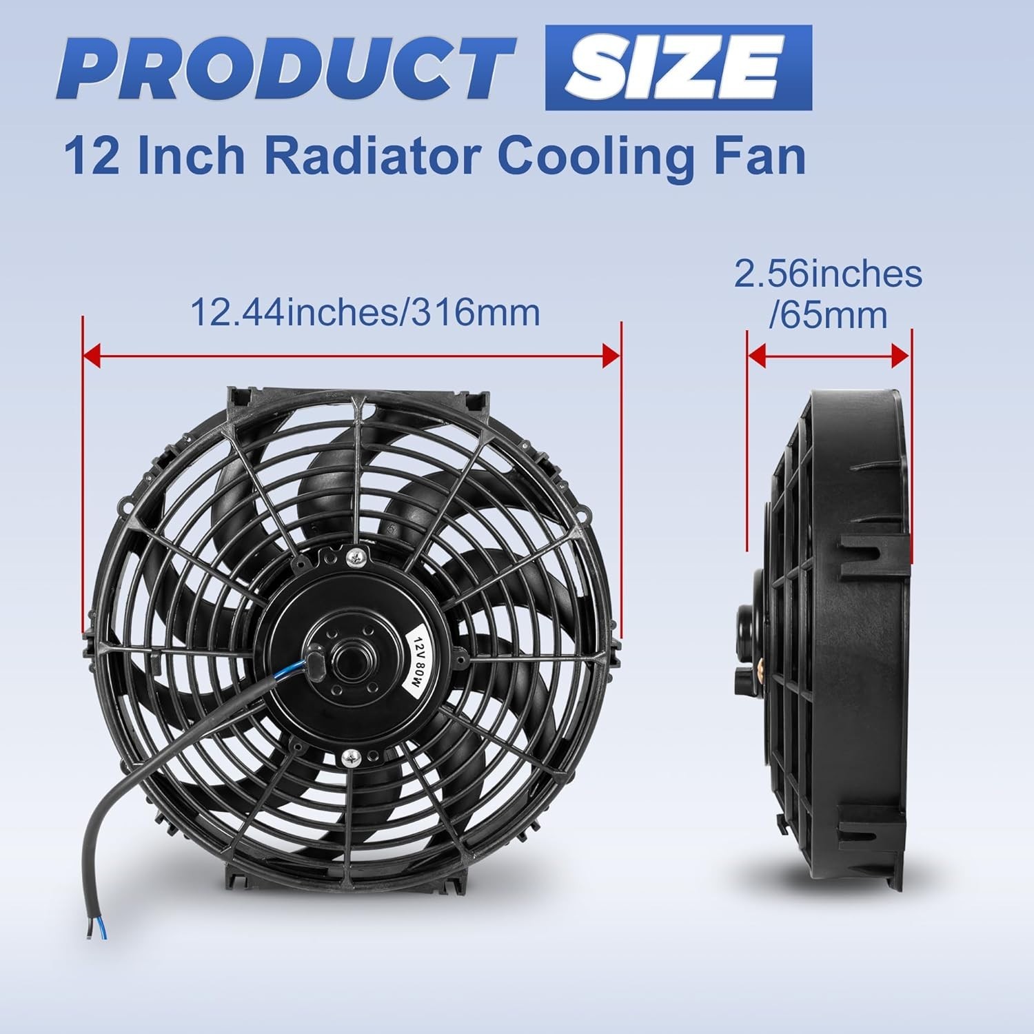 12 Inch 12” Black Universal Electric Radiator Slim Fan 12V 80W High Performance