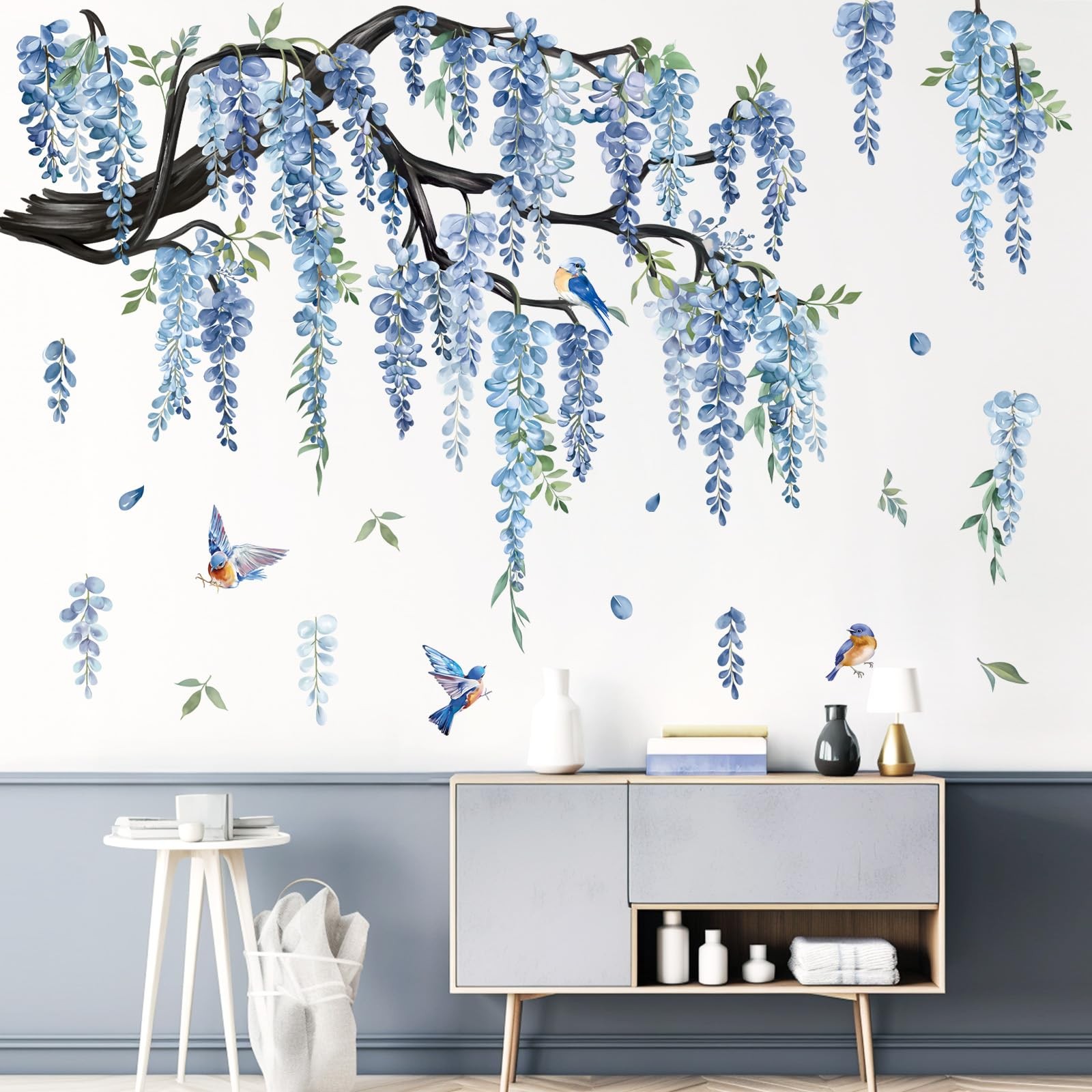 Large Flower Tree Branch Wall Decals Blue Hanging Vine Floral Wall Stickers B…