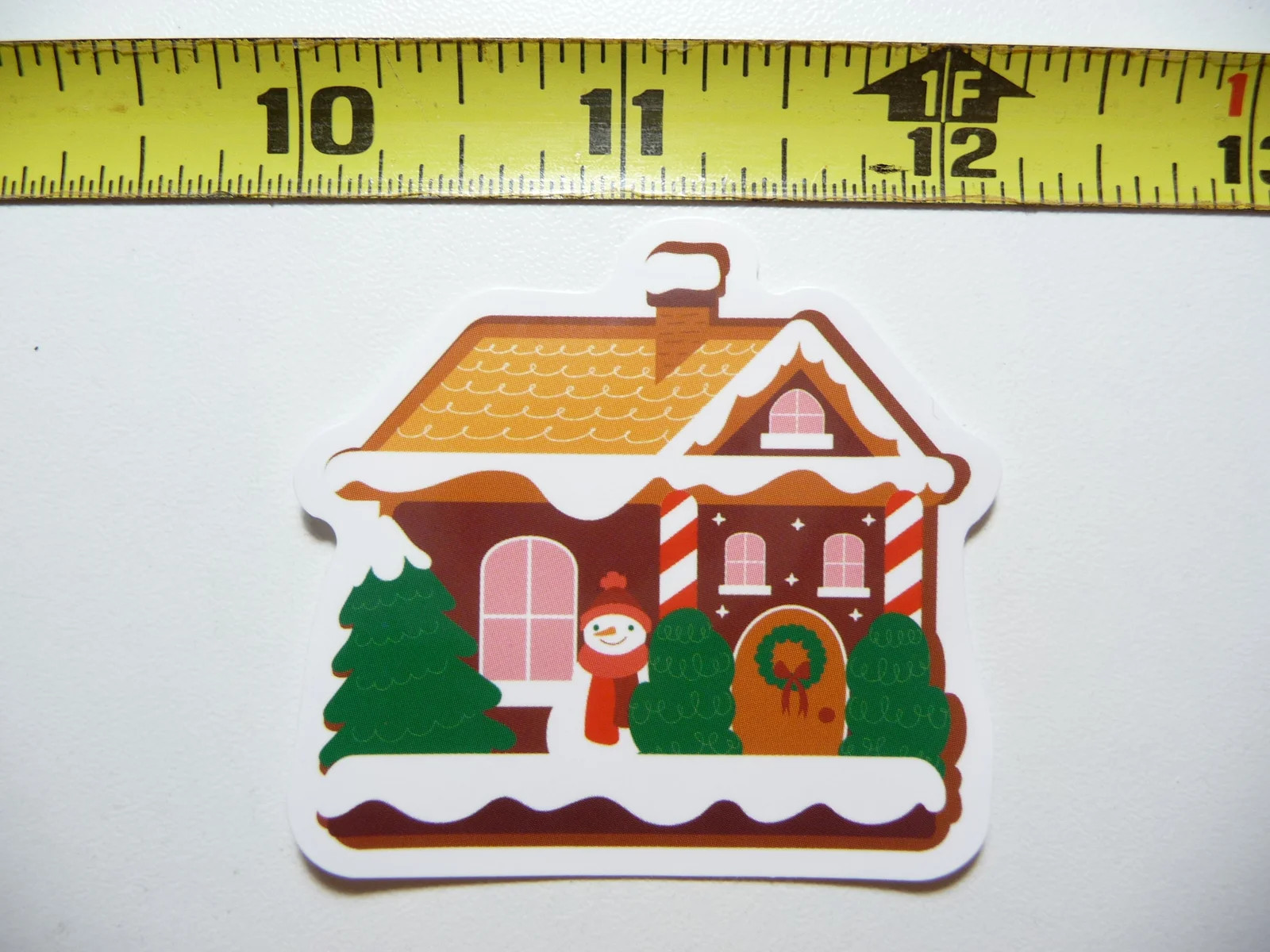 SNOW COVERED HOUSE WITH SNOWMAN WRAPPED POLES SMALL STICKER DECAL WINTER HOLIDAY