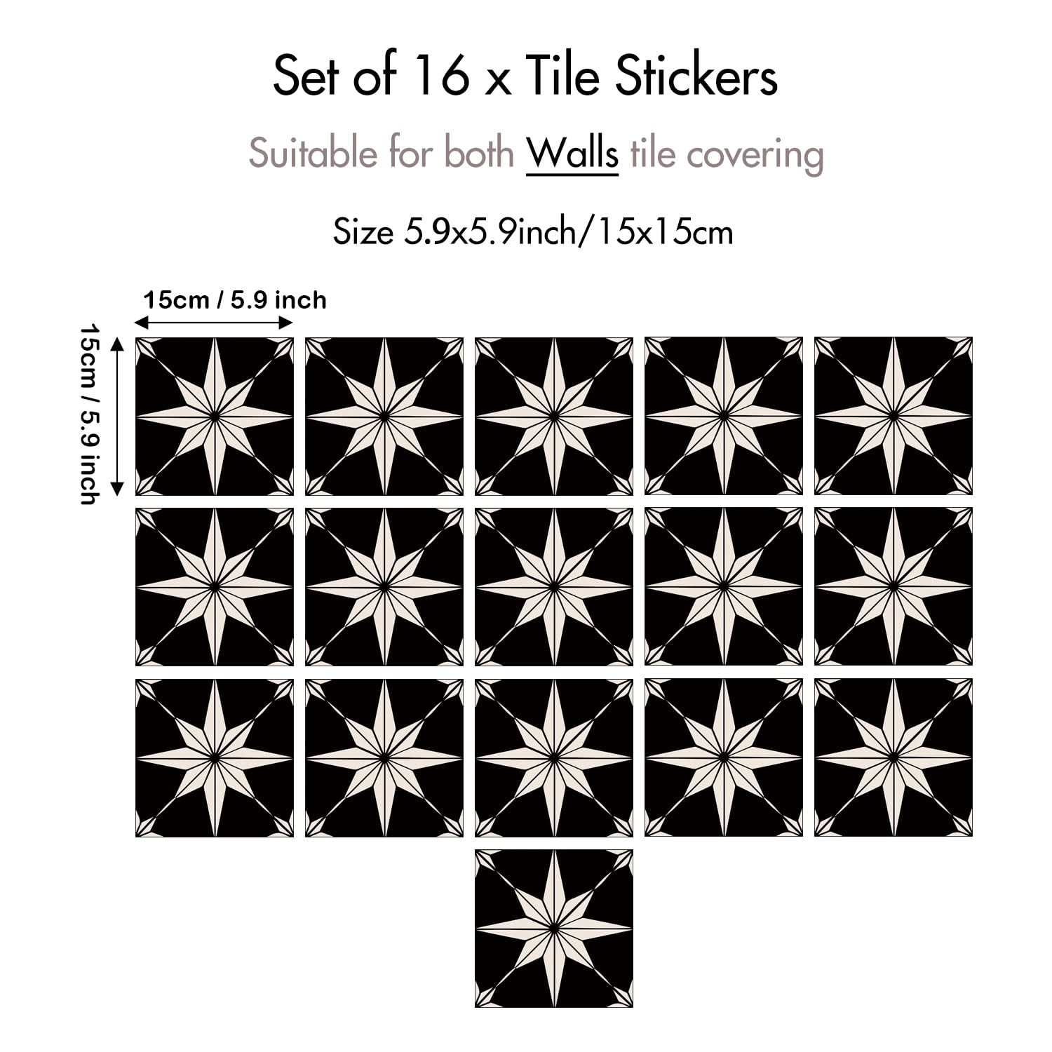 16 Pack, 5.9×5.9 Inch Star Compass Peel & Stick Tile Stickers Black-White Wat…