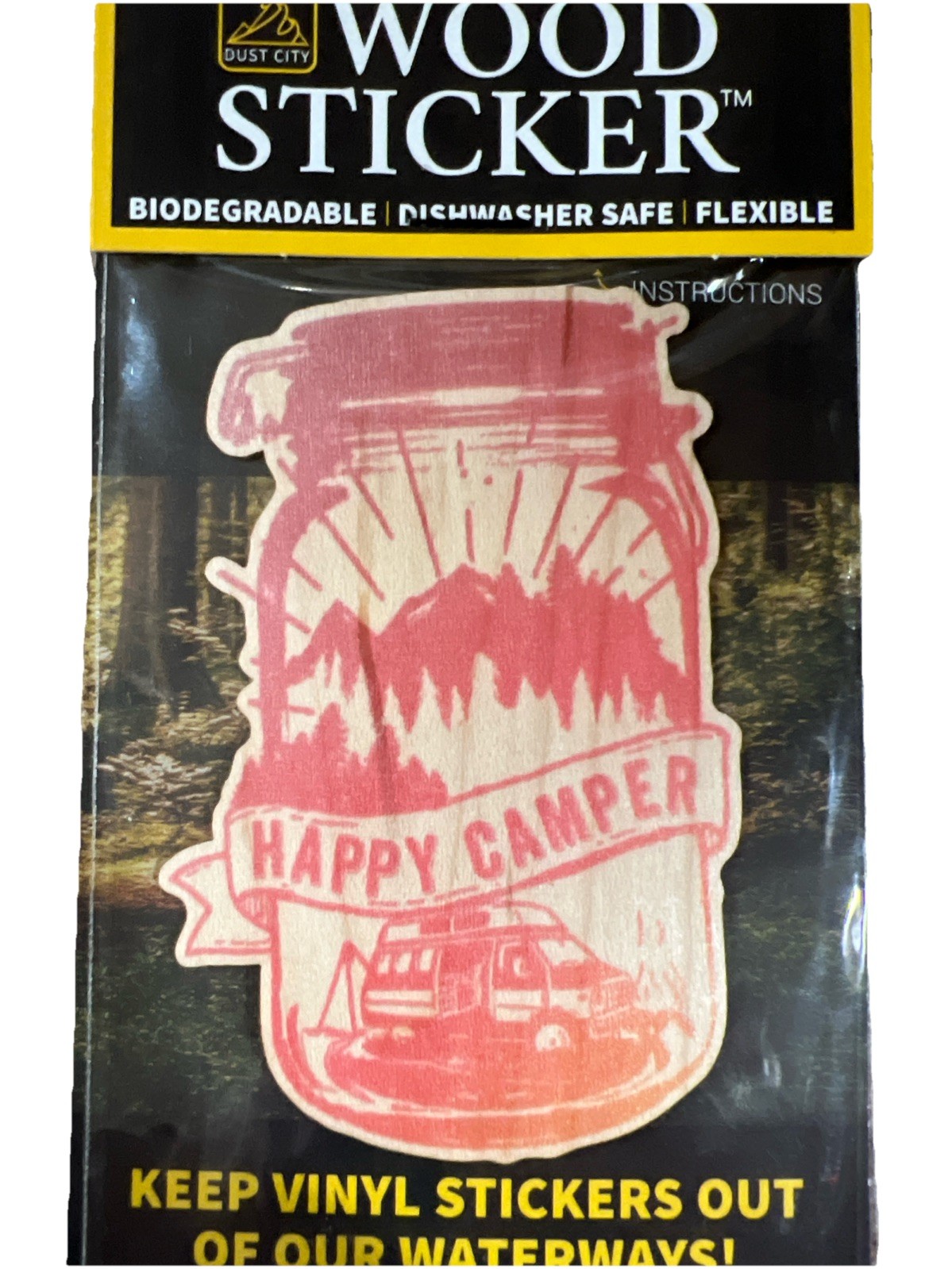 Happy Camper Mason Jar WOOD Sticker Dishwasher SAFE Biodegradable Dust City NEW