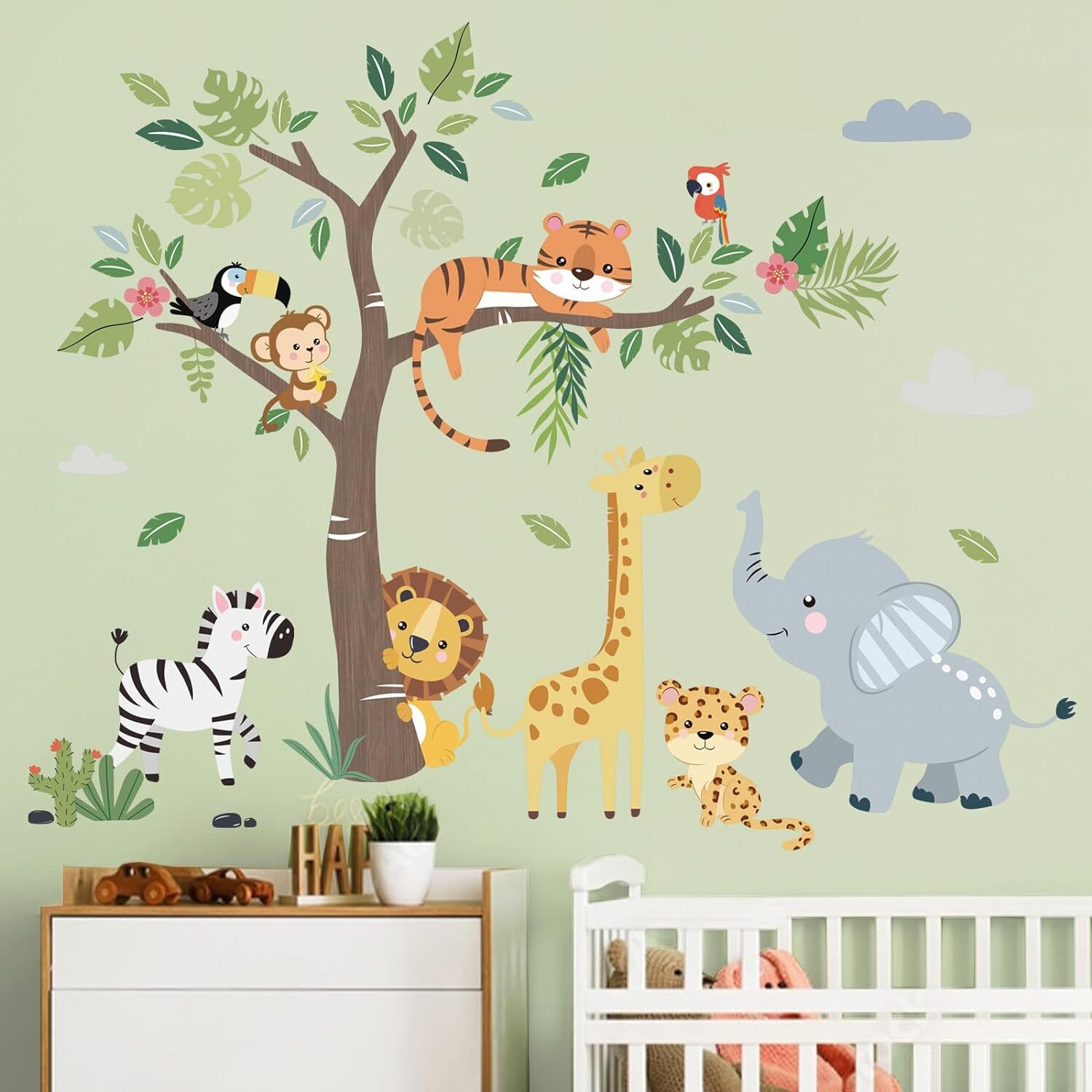 Jungle Animals Tree Wall Decals Elephant Giraffe Lion Safari Wall Stickers Baby