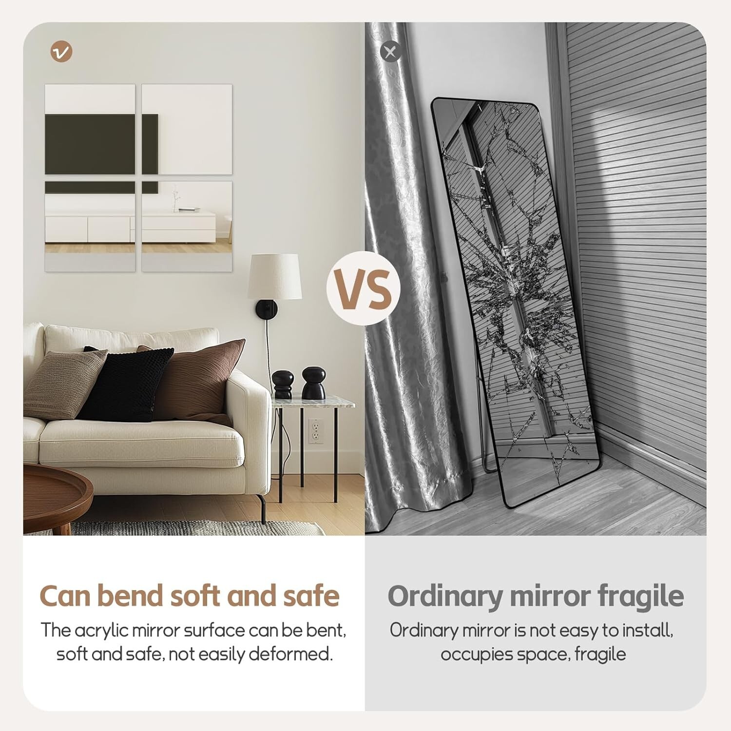 Self Adhesive Mirror Tiles 7.8×7.8in 4 Pack Modern Wall Decor for Bedrooms