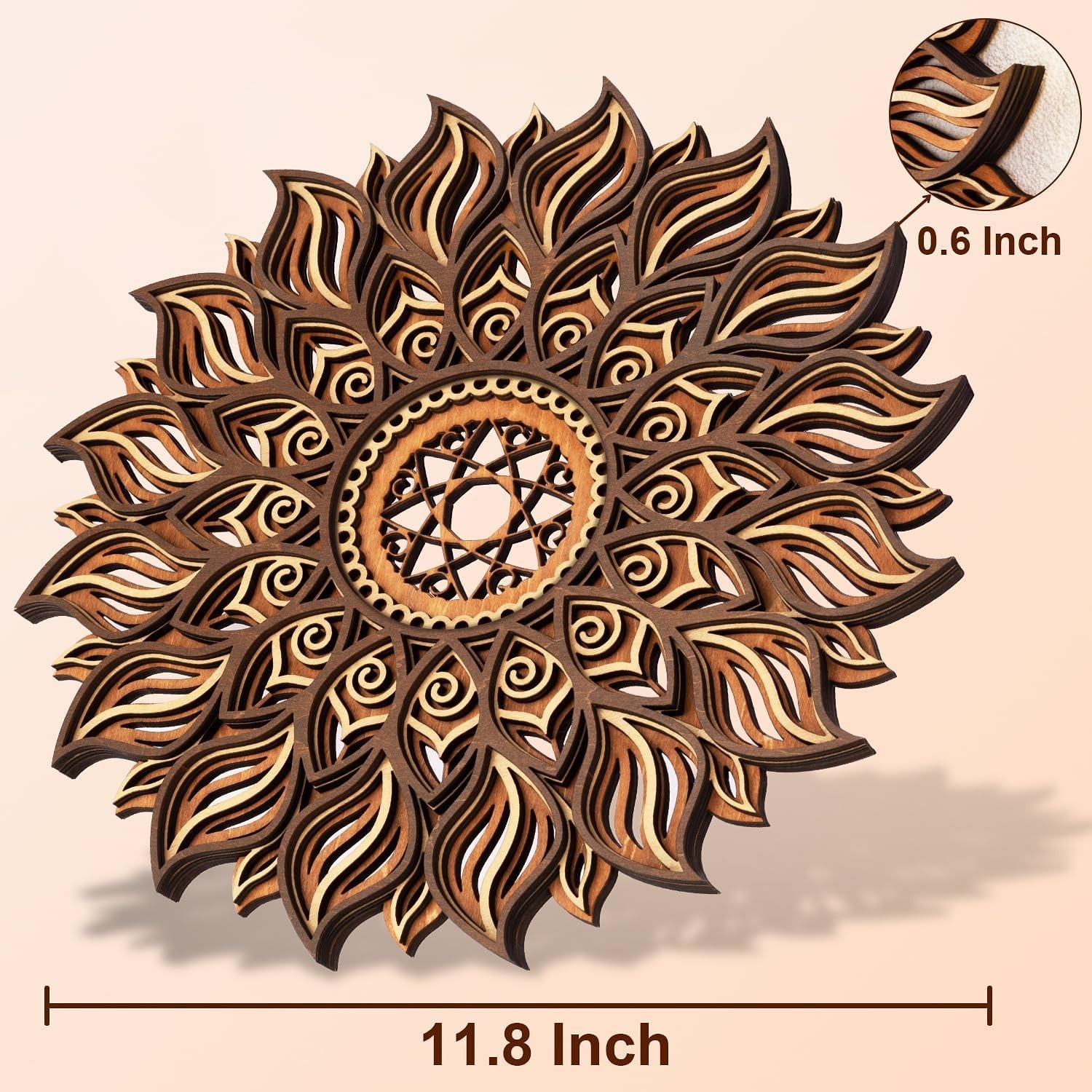 Handcrafted 11.8-Inch Wooden Sun Mandala Decor for Elegant Spiritual Spaces