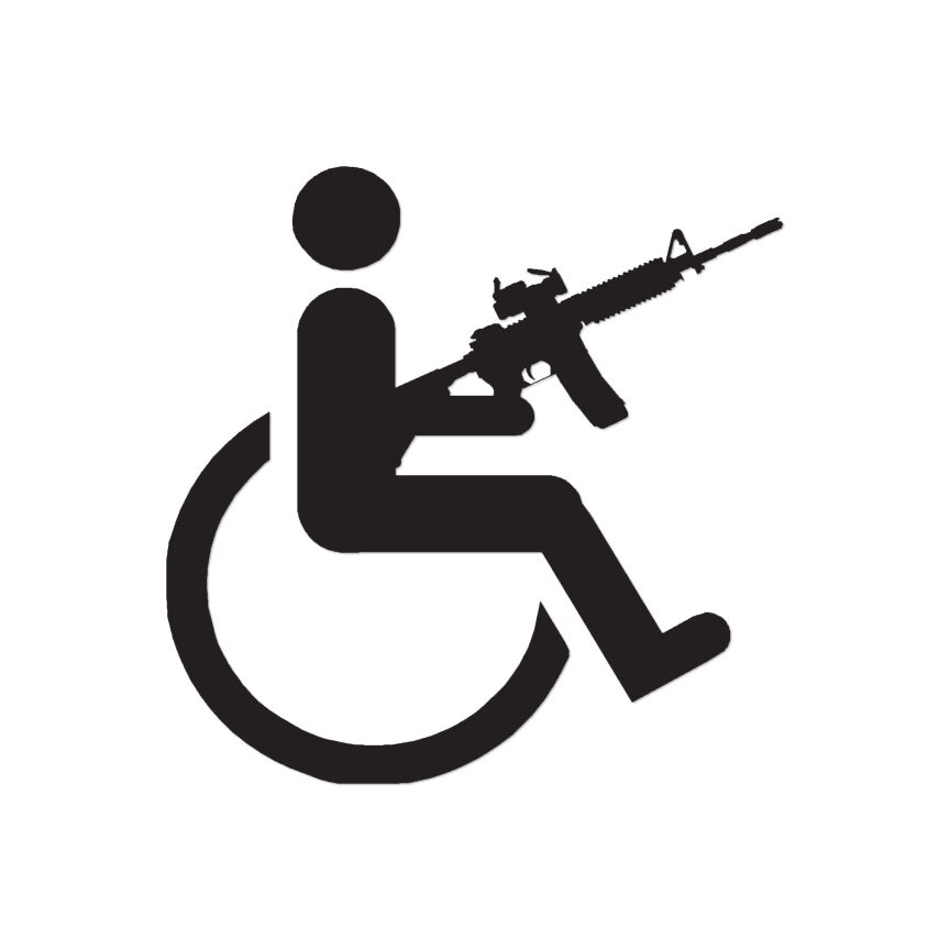 Handicap Gun Wheelchair – Decal Sticker – Multiple Colors & Sizes – ebn3134