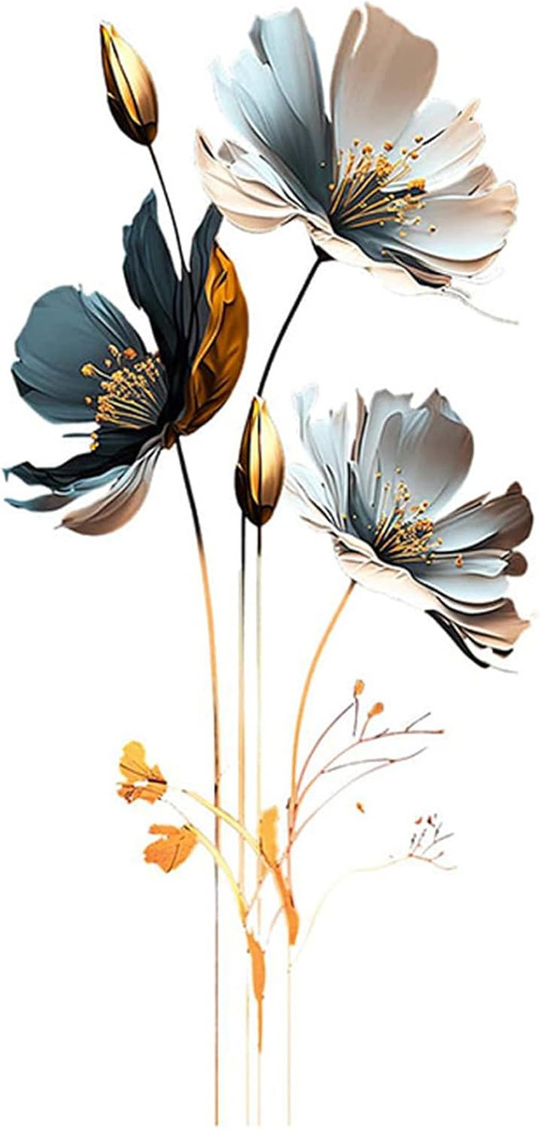 Black and Gold Wall Decor Decals, 3D Flower Wall Stickers Floral Gold Leaves Pla