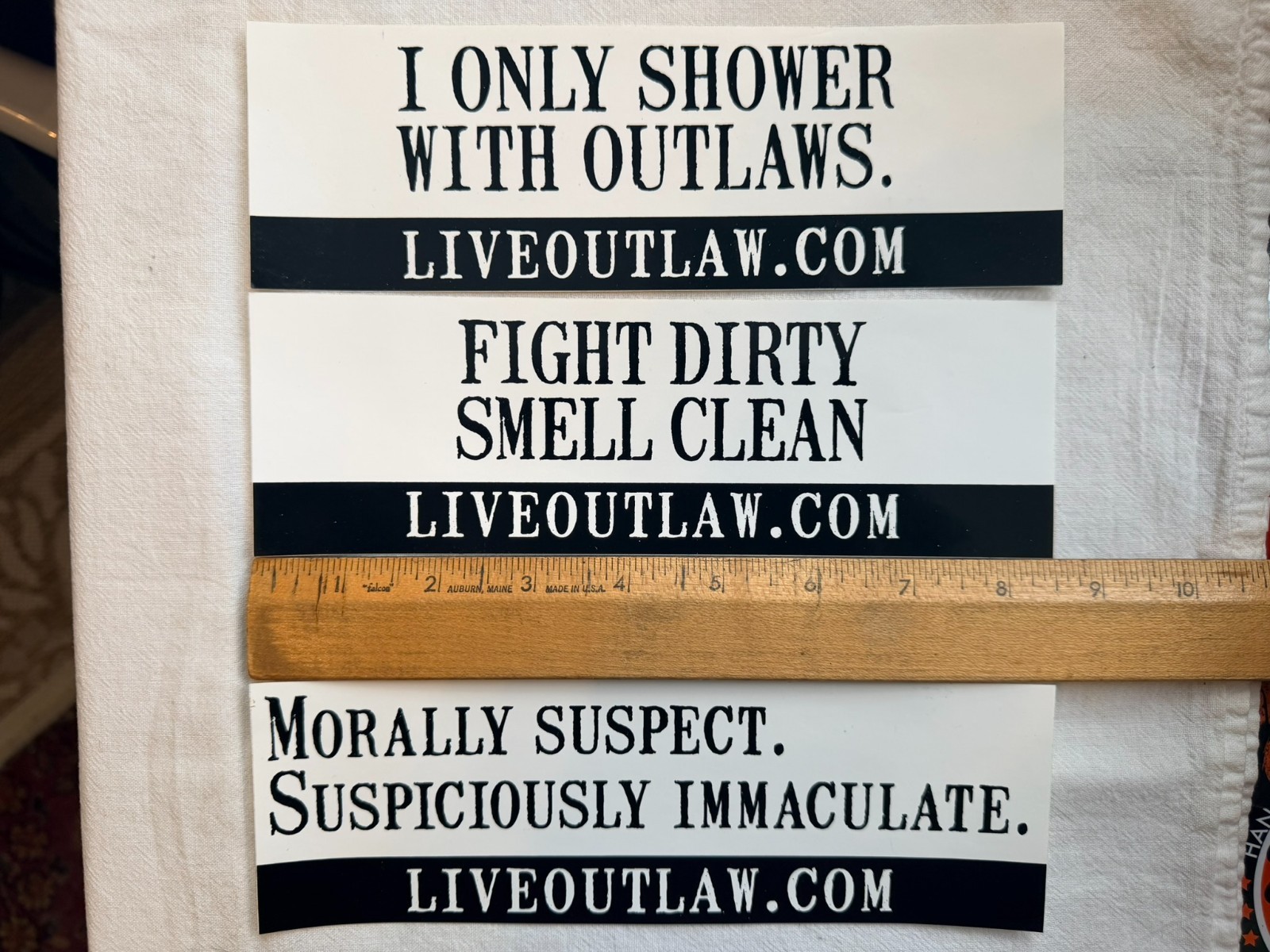 Outlaw Soaps 3 bumper stickers 8 7/8" x 2 3/4" black and white OOP