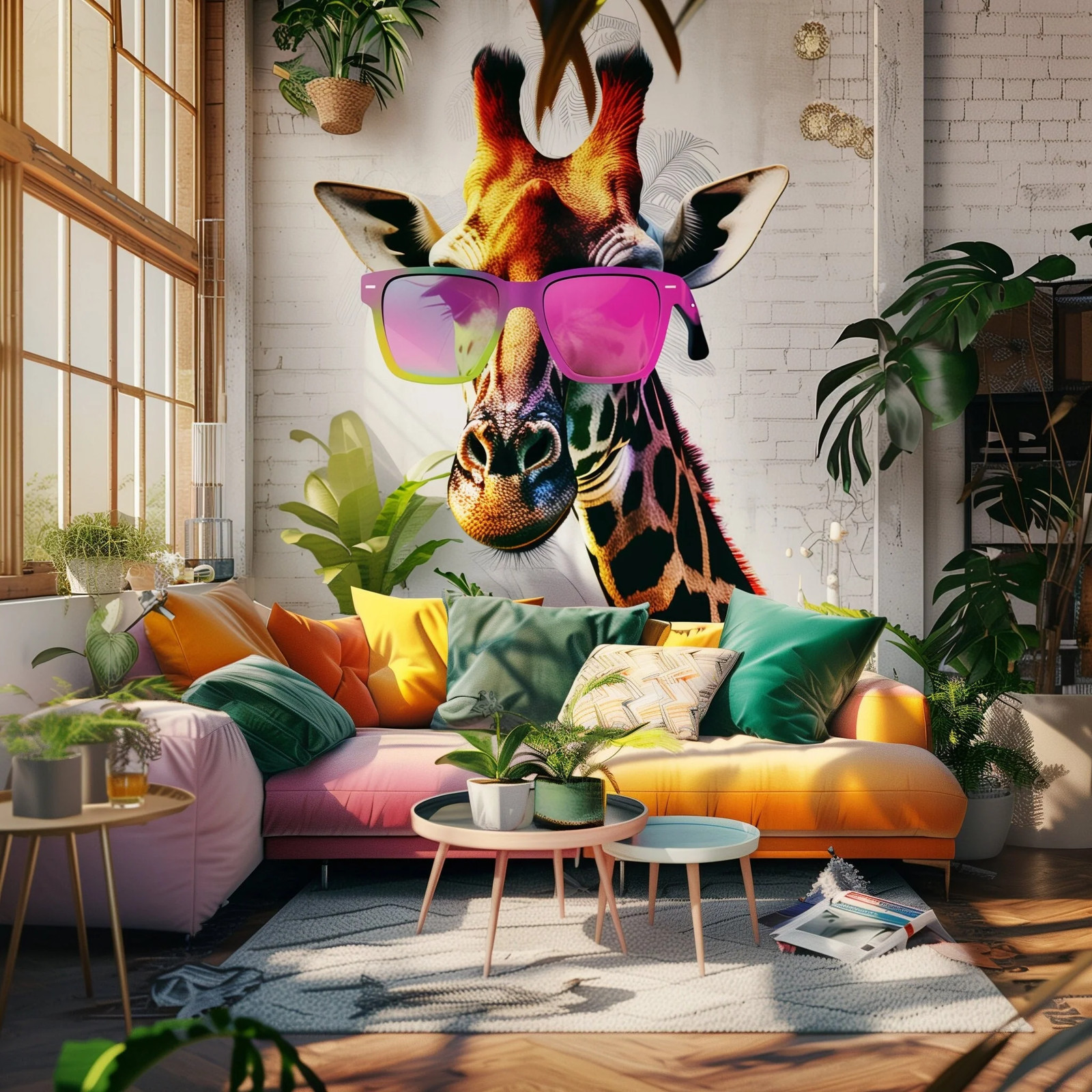 Colorful Giraffe Wall Sticker Decals with Pink Sunglasses | Fun Animal Art Decal