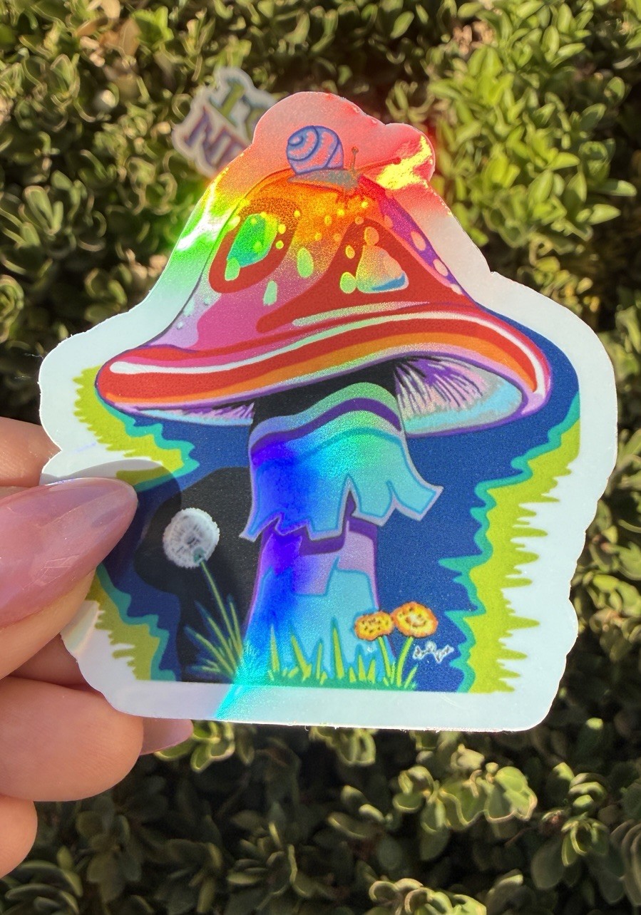 Mushroom Snail Holographic Vinyl Sticker | 3" | Original Art by Sara Rose