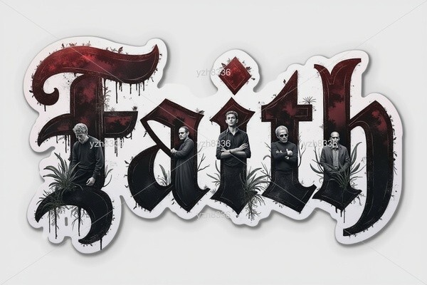 Faith Sticker – Gothic Text with Intricate Figures and Dark Accents – Zink Print