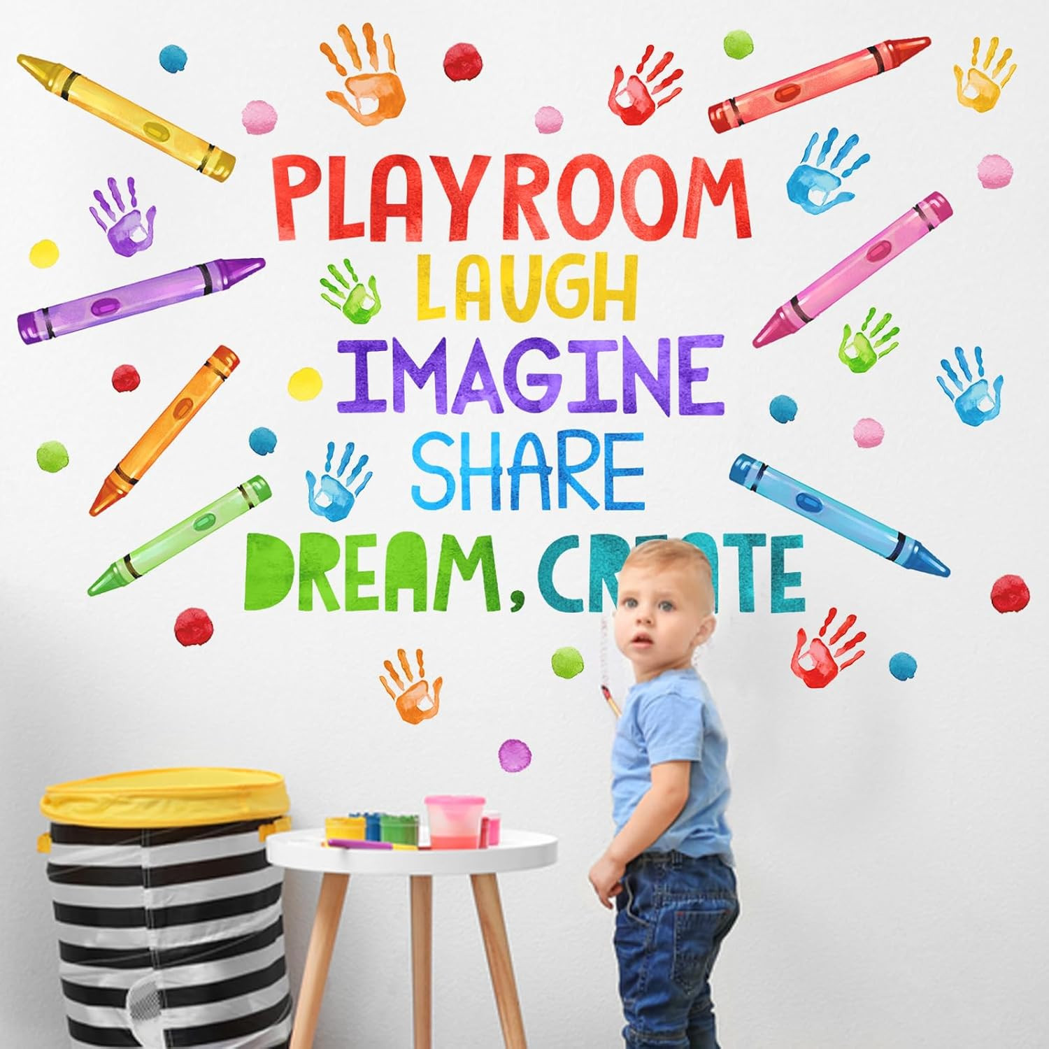 Playroom Wall Decals Stickers, Crayon Handprint Polka Dots Inspirational Quote N