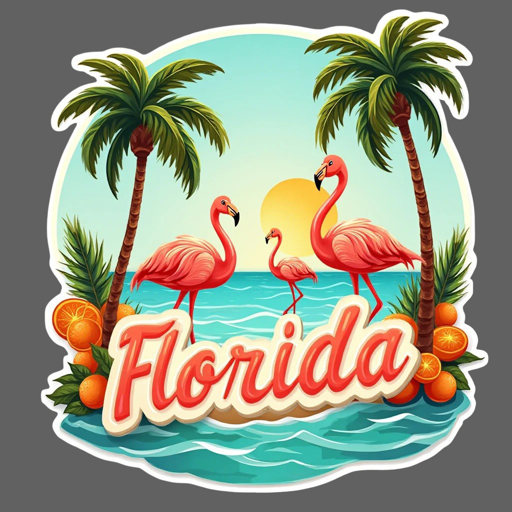 Florida Sticker Vinyl Decal Flamingos Ocean Palm Trees Orange Fruit Scene