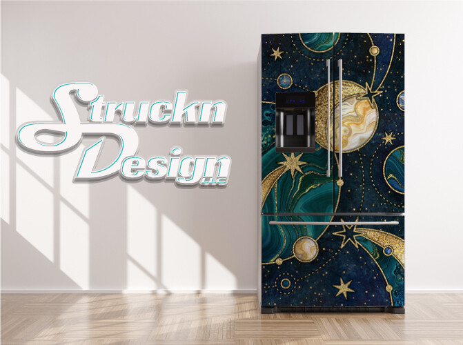 Marble Moon Stars Teal Cosmic Planets Fridge Freezer Wrap Side Door Vinyl Decal