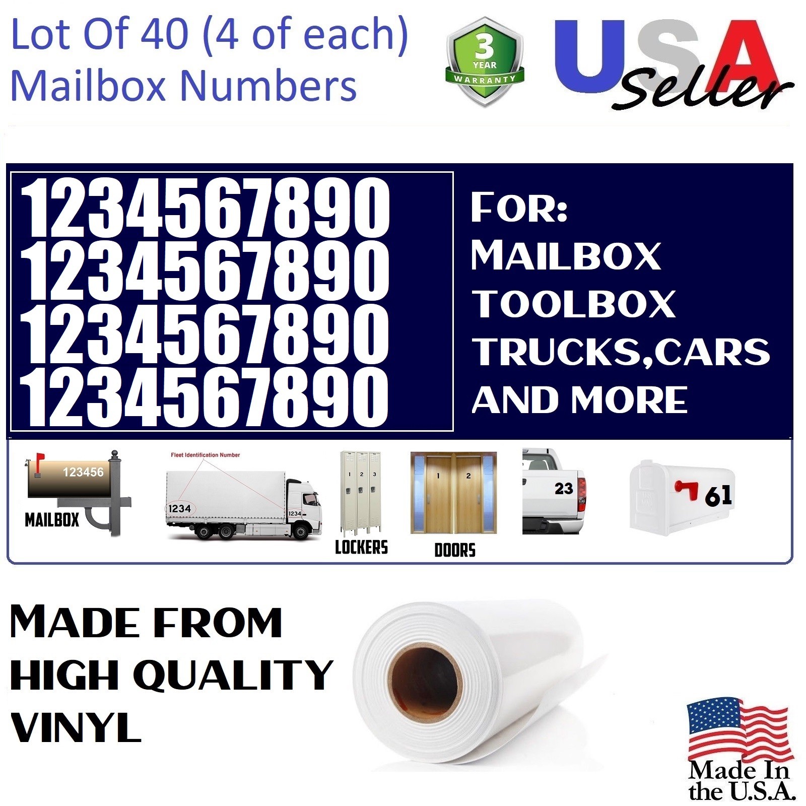 Lot of 40 White,Black,Silver,Blue Vinyl Mailbox,Tool Box,Locker Numbers [IMPACT]
