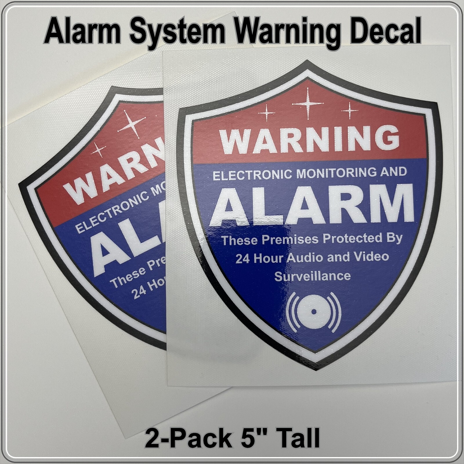 2-Pack Alarm System Warning Decals 5" Shield Shape Red White and Blue for Window