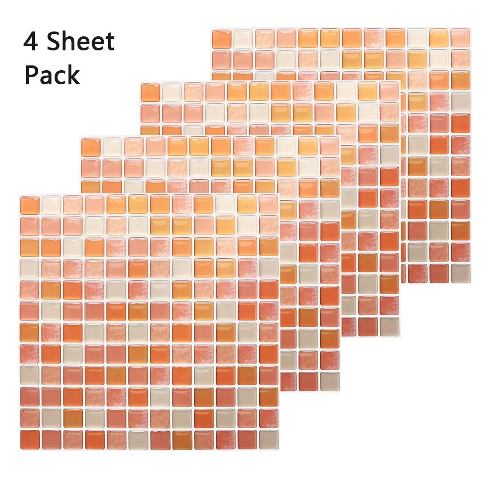 3D Mosaic Tile Sticker Removable Wallpaper Tile Orange, 3D Adhesive Wall Tile…
