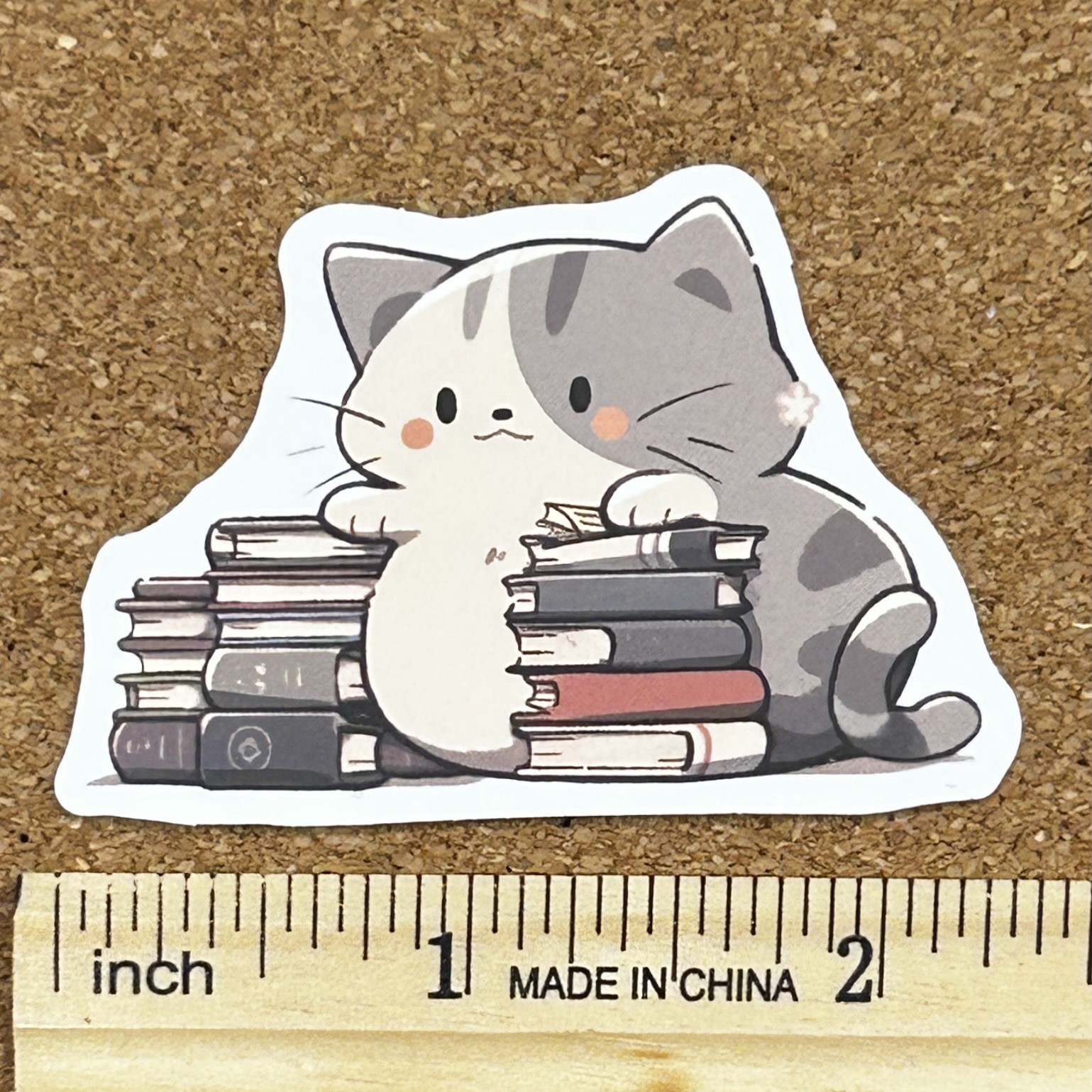 Grey Kitty Cat With Stacks Of Books Cottage Girl Vinyl Sticker Decal