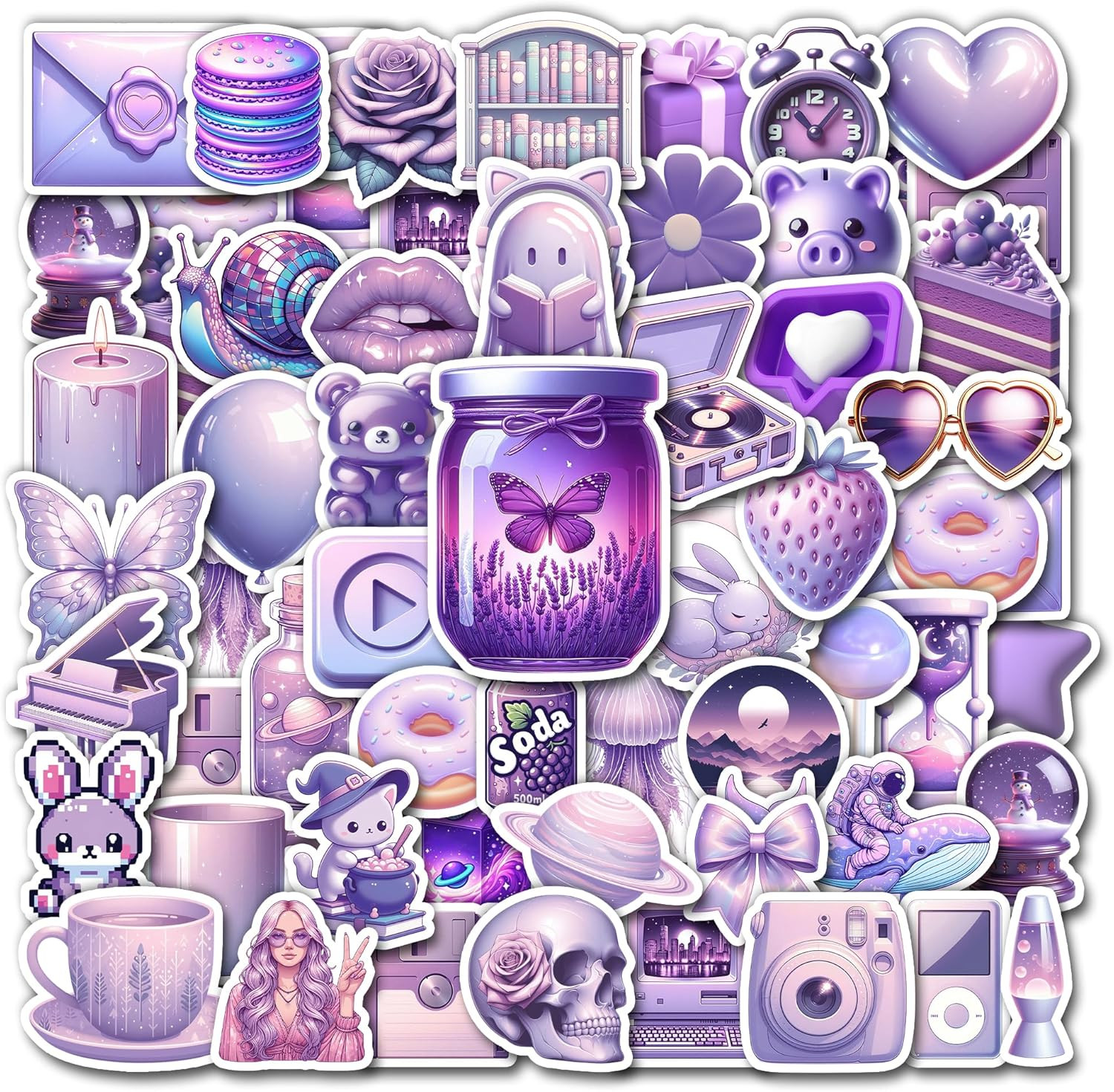 Kawaii Purple Sticker Pack 50 Cute Waterproof Vinyl Decals for Laptop Phone