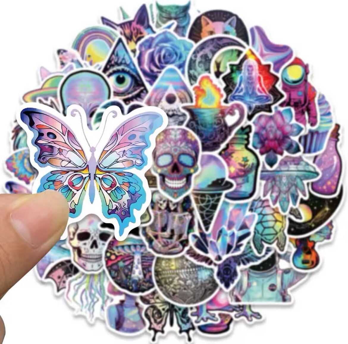 Colorful Pastel Stickers 50pk Skull Butterfly Trippy Stickers Fun Cool Stickers