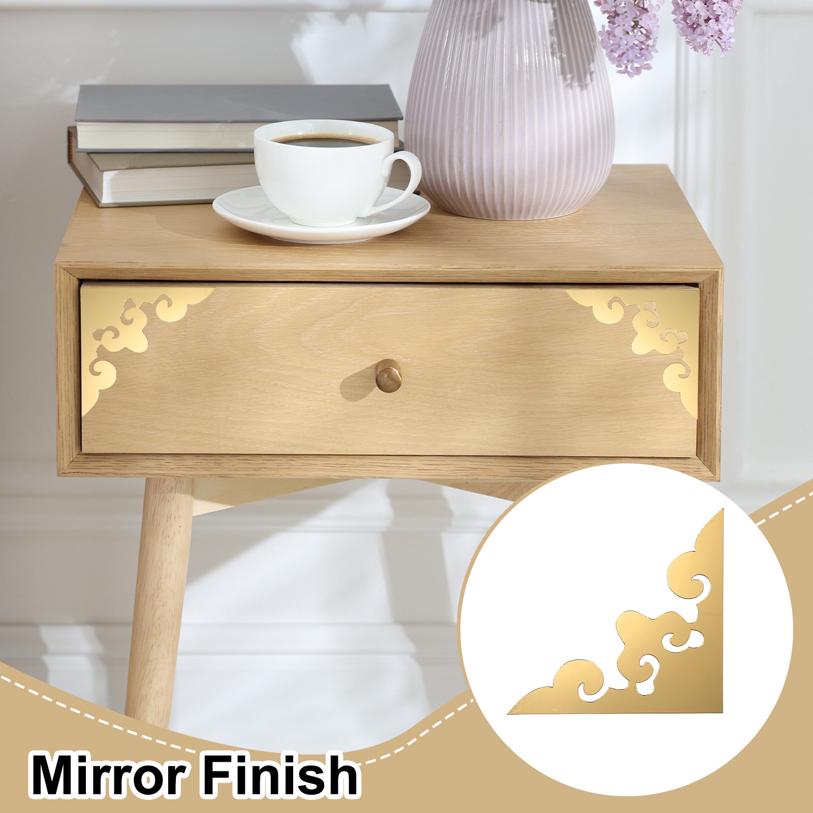 8Pcs Corner Decorative Pattern Hollow Mirror Wall Stickers(Light Gold, 4×4")