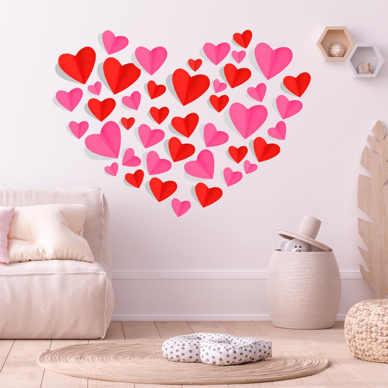 74 Pcs Valentine's Day Decoration, 3D Red and Pink Heart Valentine Wall Stick…
