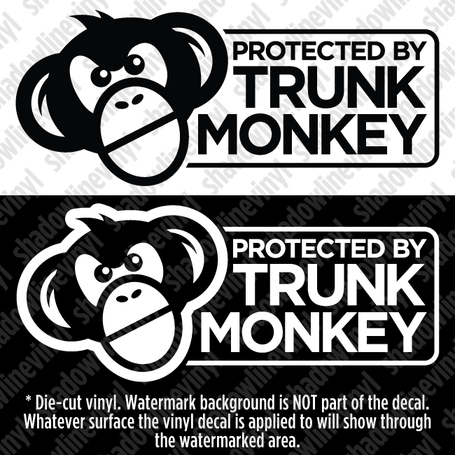 PROTECTED BY TRUNK MONKEY Vinyl Decal Sticker Button Funny Meme Chimpanzee JDM