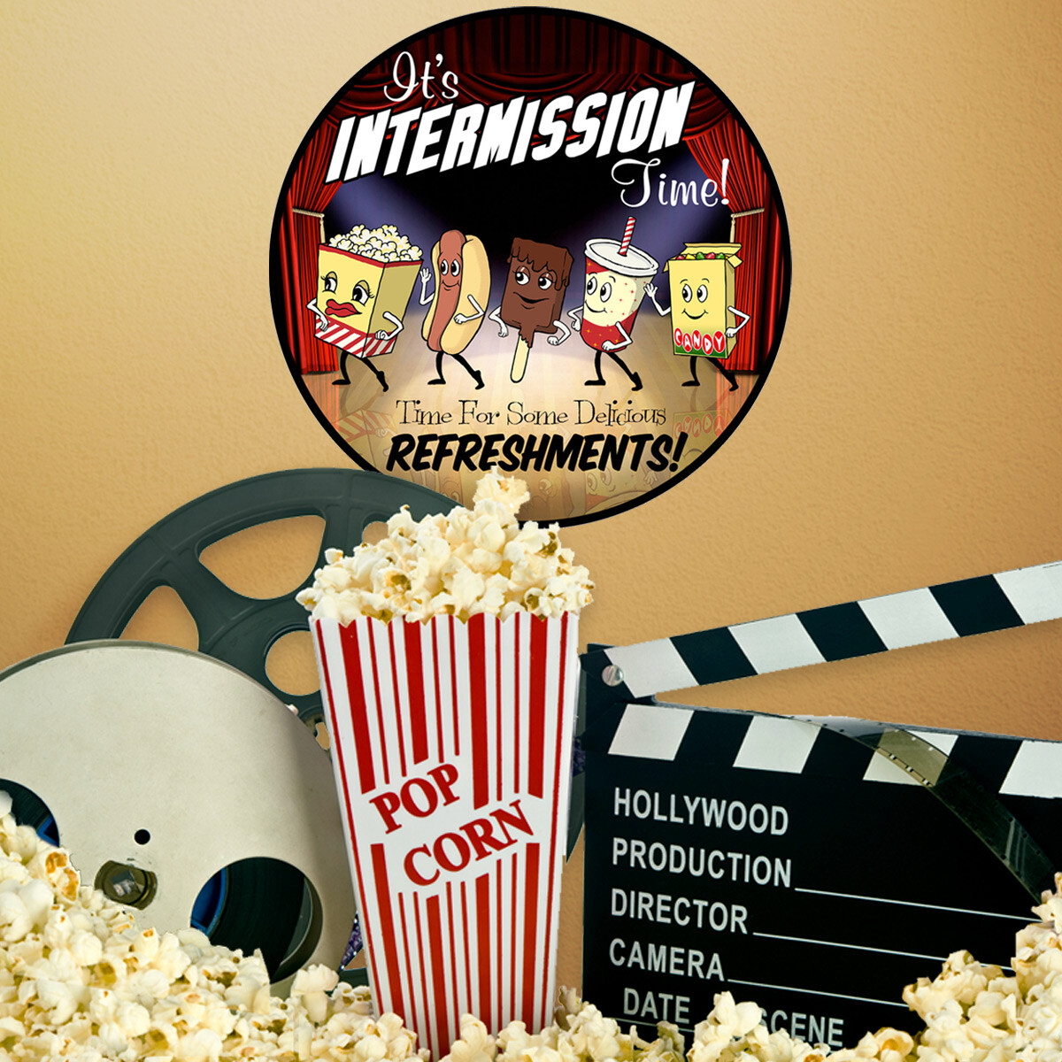 Intermission Time Snacks Round Wall Decal Classic Movie Theater Decor