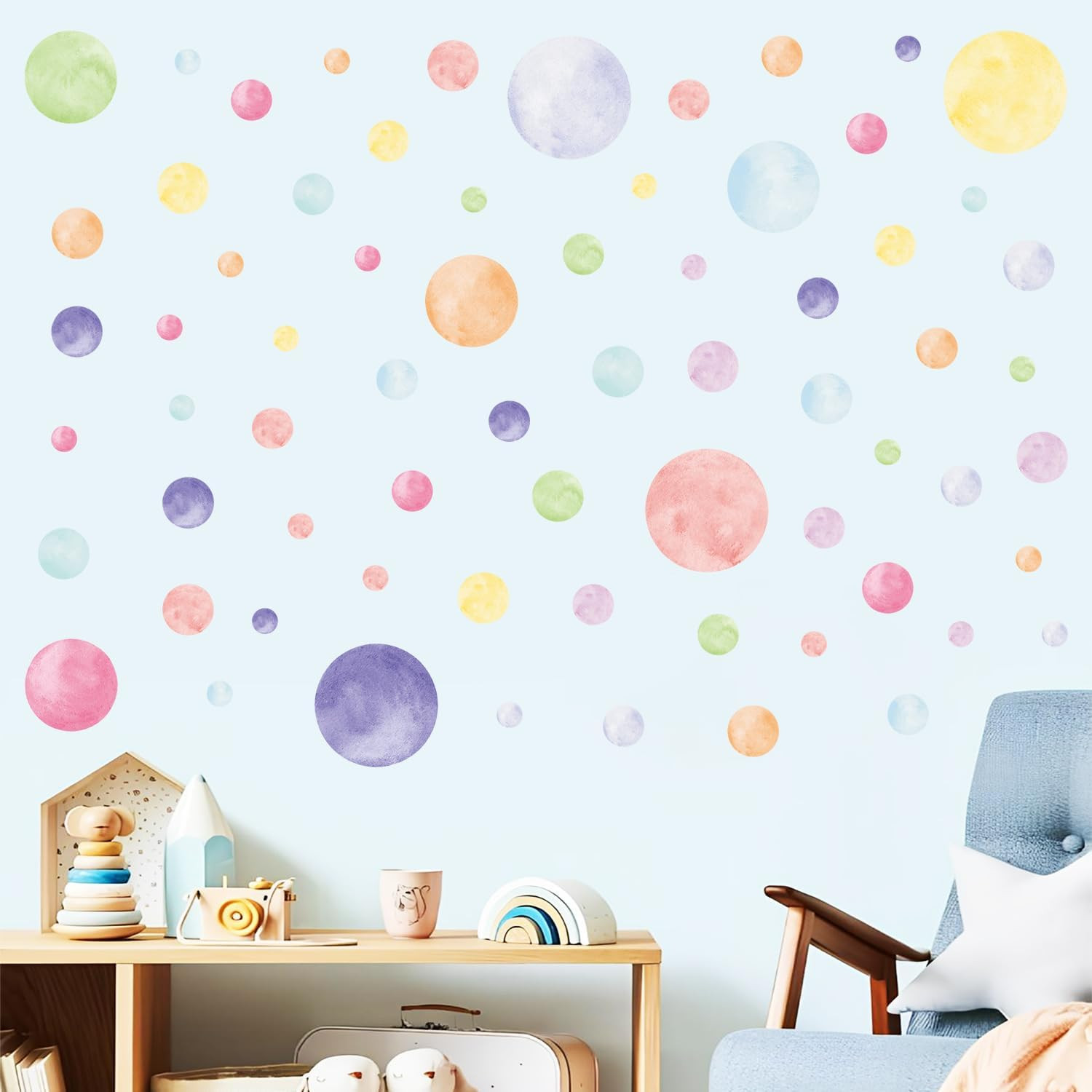 68 Large Watercolor Polka Dot Wall Decals, Peel and Stick Vinyl Stickers for Gir